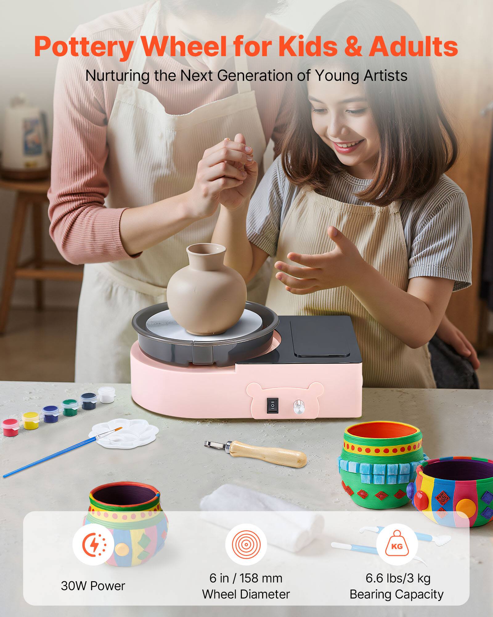 Pottery Wheel for Kids & Adults  
Nurturing the Next Generation of Young Artists  

- 30W Power  
- 6 in / 158 mm Wheel Diameter  
- 6.6 lbs / 3 kg Bearing Capacity
