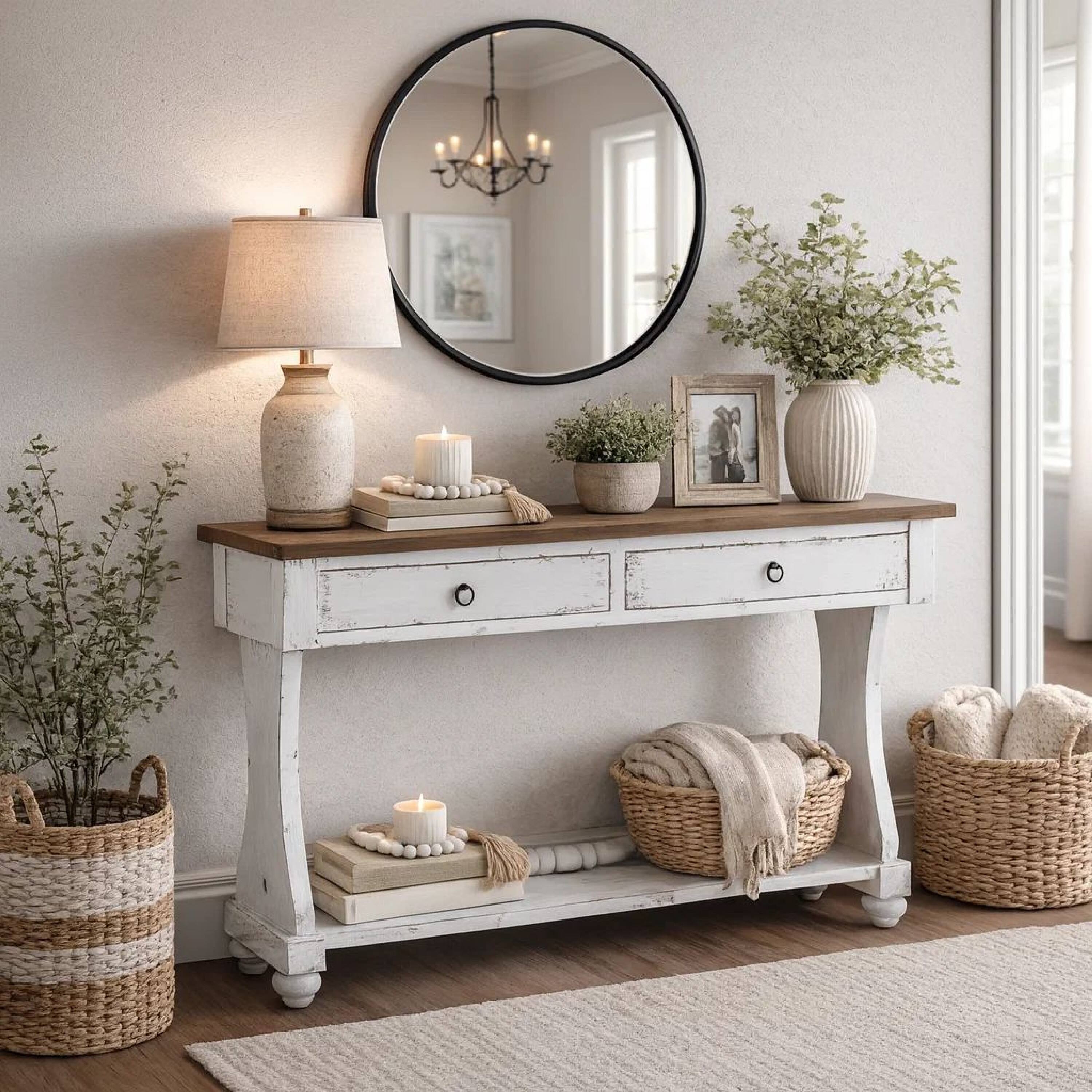 Alt View 8. Manhattan Lane - 48 Inch 2 Drawer Console Table, Ring Metal Handles, Distressed White - White, Brown.