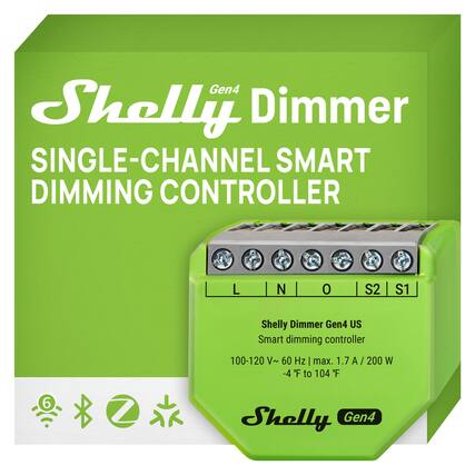 Shelly Dimmer Gen4 SINGLE-CHANNEL SMART DIMMING CONTROLLER
L N O S2 S1
Shelly Dimmer Gen4 US
Smart dimming controller
100-120 V~ 60 Hz | max. 1.7 A / 200 W
-4°F to 104°F
Shelly Gen4