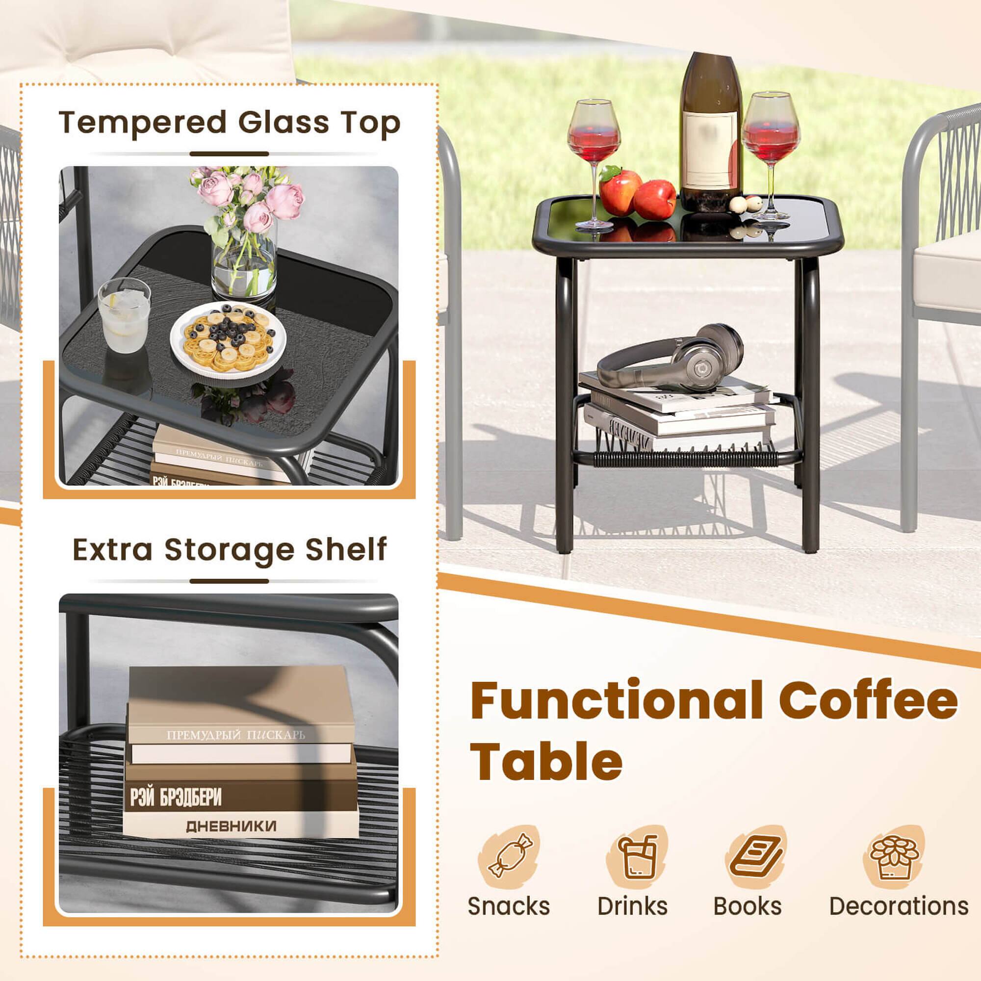 Tempered Glass Top

Extra Storage Shelf

Functional Coffee Table

Snacks Drinks Books Decorations