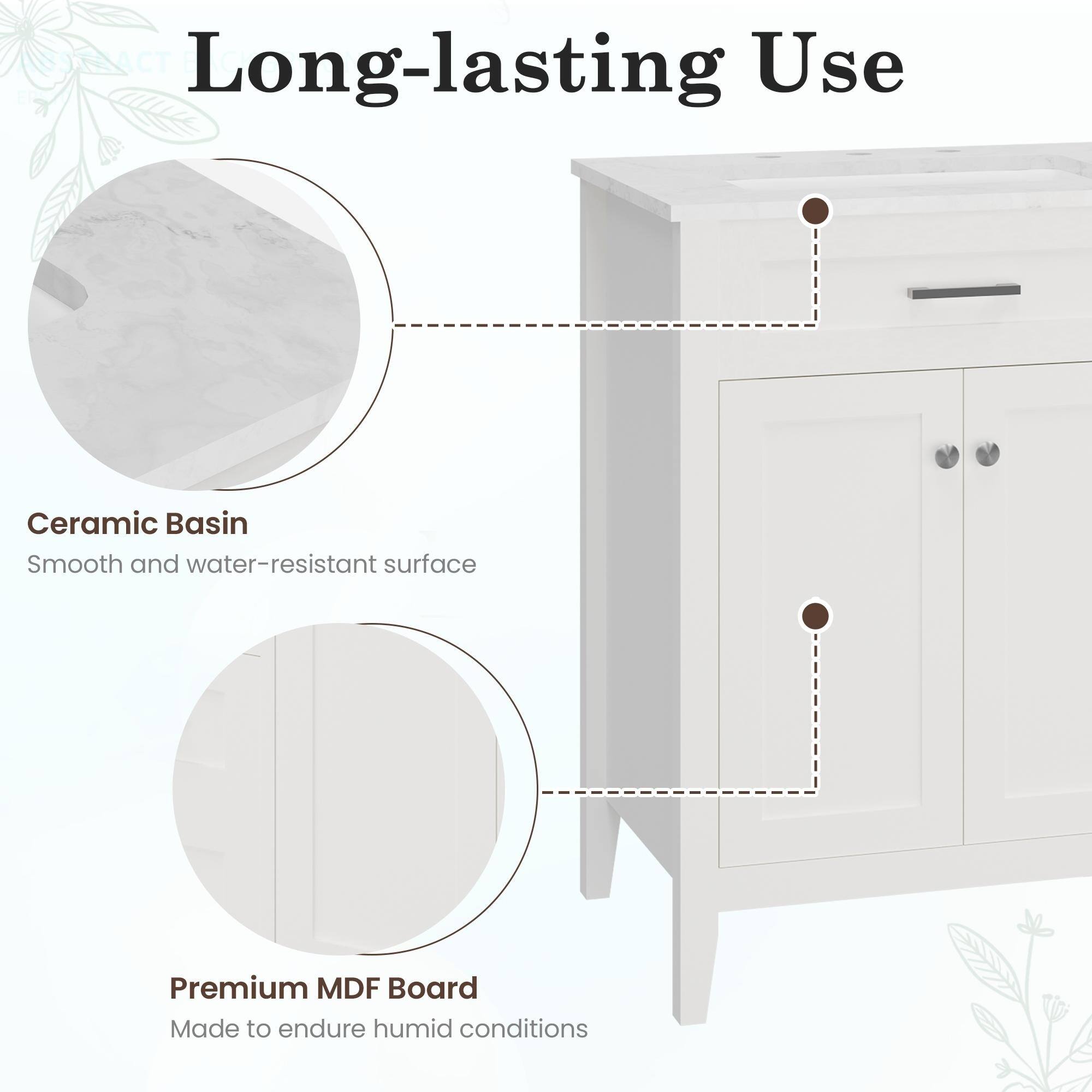 Long-lasting Use

Ceramic Basin  
Smooth and water-resistant surface

Premium MDF Board  
Made to endure humid conditions