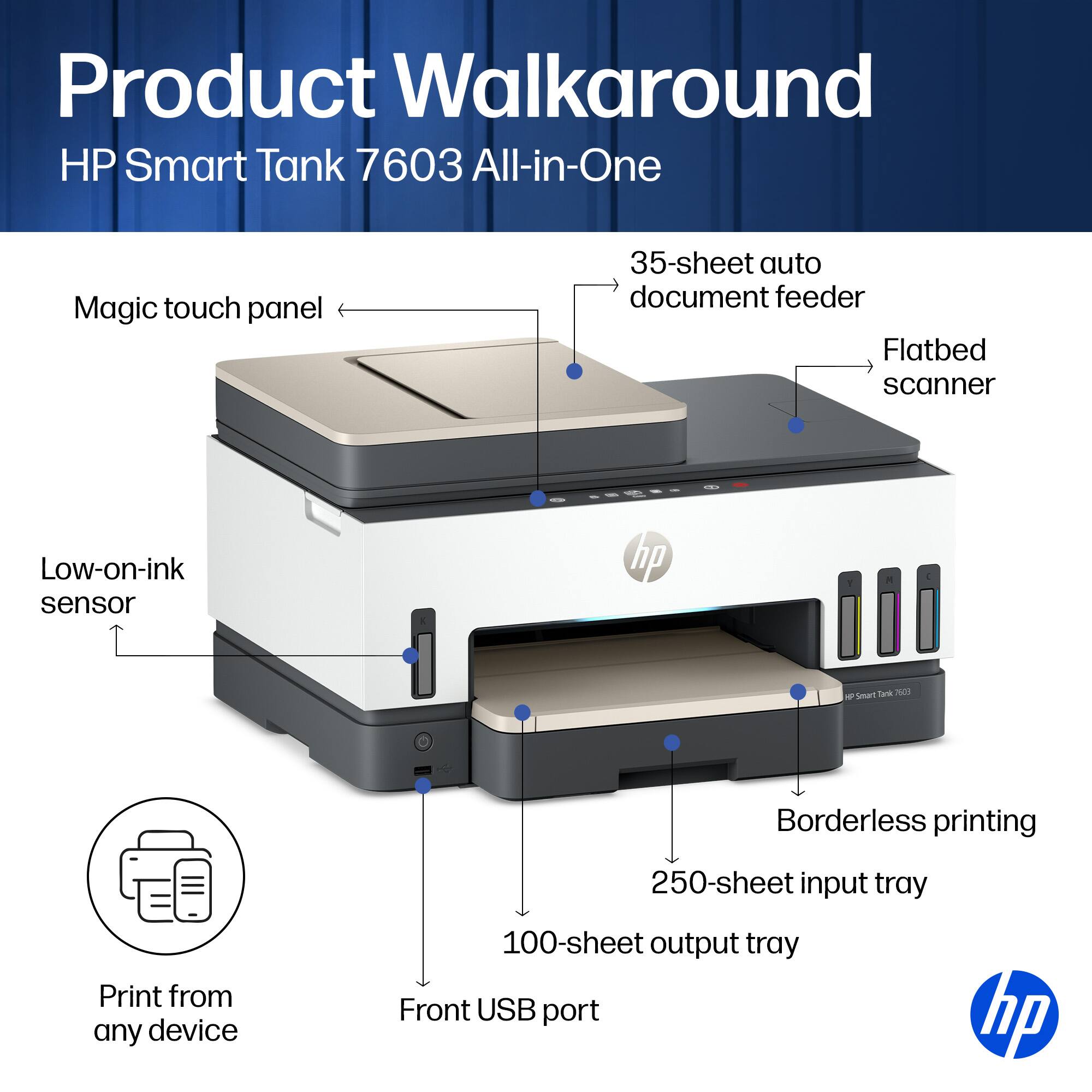 Product Walkaround HP Smart Tank 7603 All-in-One

- Magic touch panel
- 35-sheet auto document feeder
- Flatbed scanner
- Low-on-ink sensor
- Borderless printing
- 250-sheet input tray
- 100-sheet output tray
- Front USB port
- Print from any device