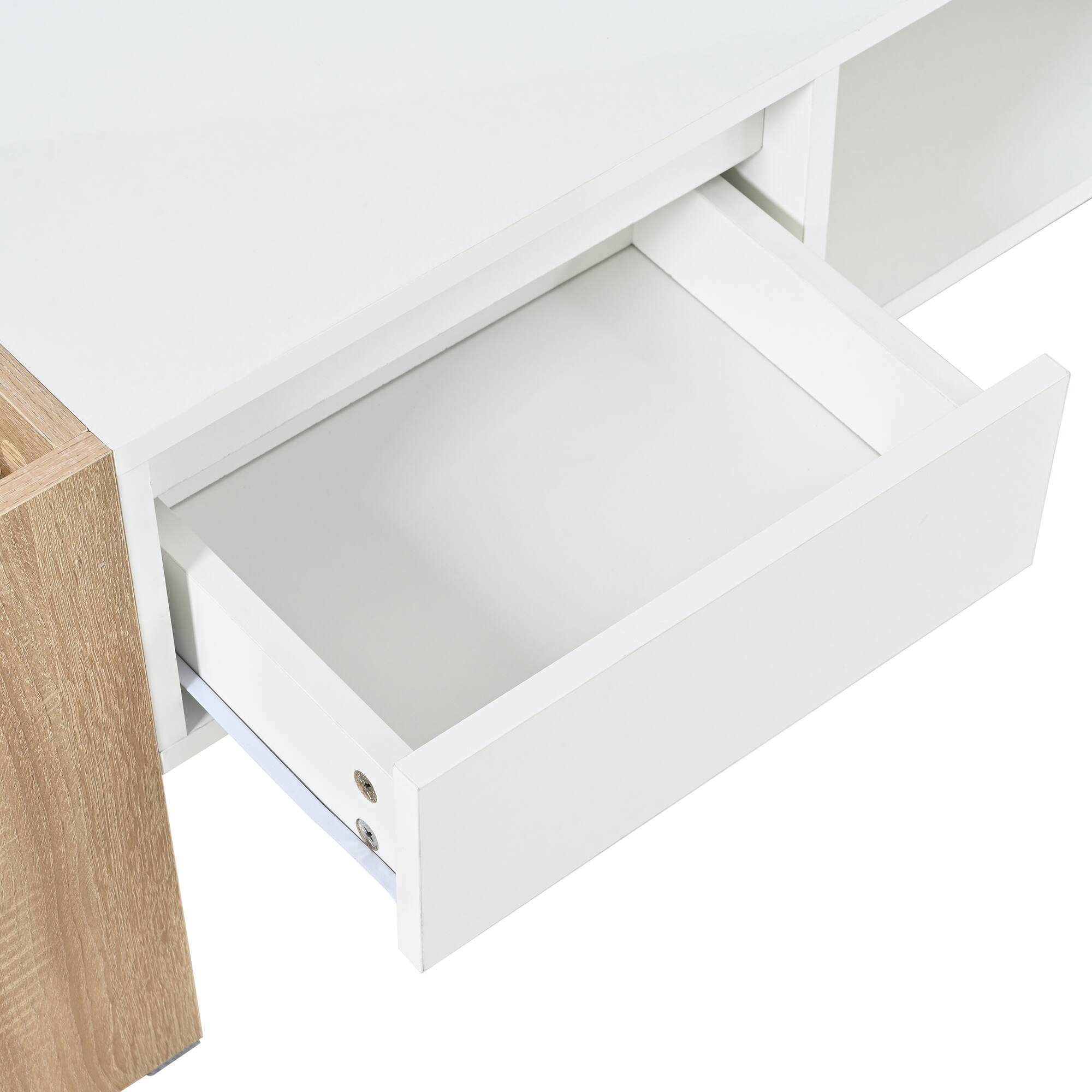 Alt View 9. Tiramisubest - High Glossy Coffee Table with 2 Drawers,Practical Two Tone Center Table with Hidden Compartments,Open Shelf,White - White+Natural.