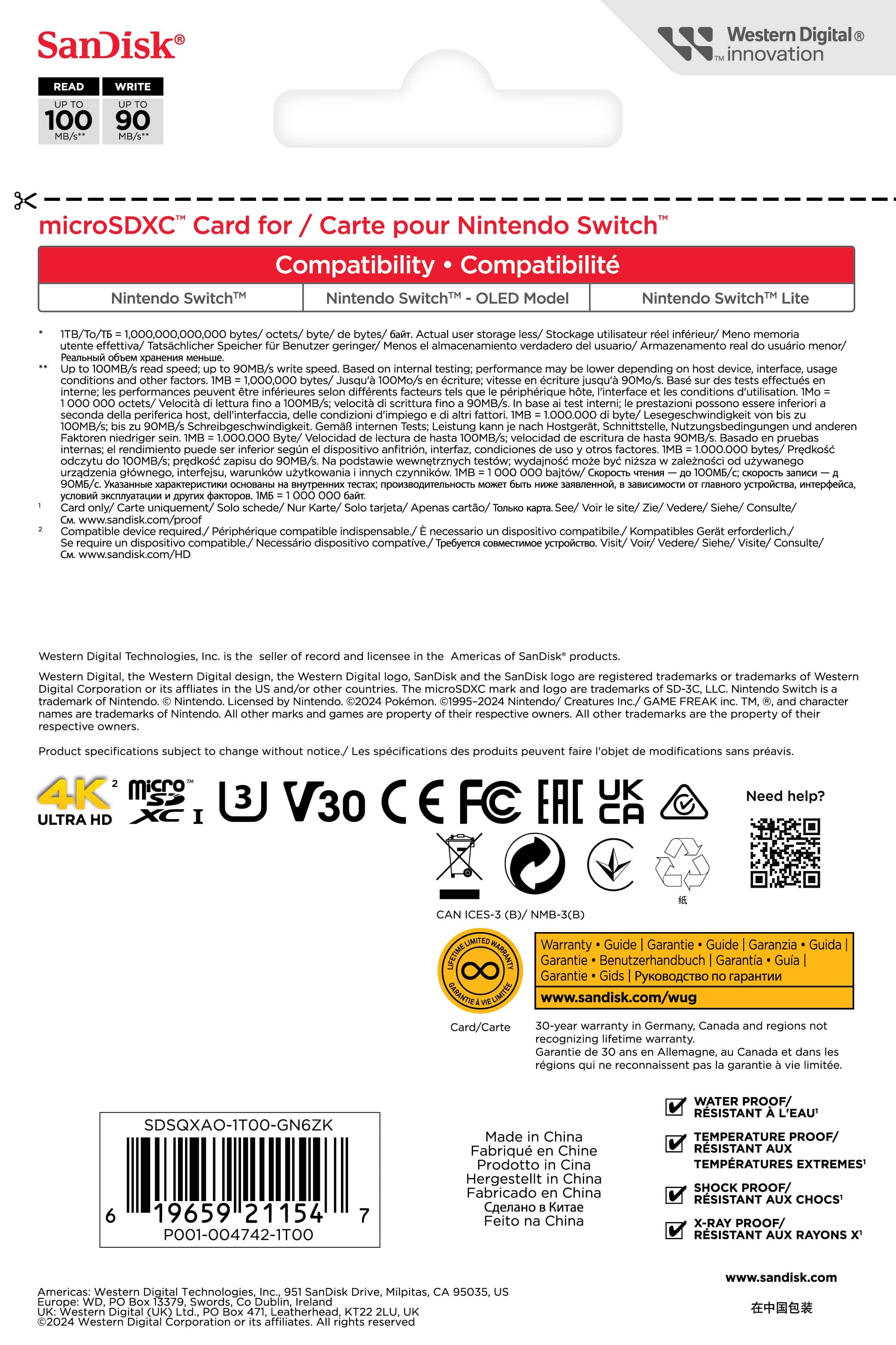 SanDisk Western Digital innovation microSDXC Card Carte pour Nintendo Switch" Compatibility Compatibilit Nintendo SwitchM Nintendo SwitchH Model Nintendo SwitchM effettiva/ Tatschlicher Speicher utilisateur infrieur/ memoria almacenamiento verdadero Armazenamento menor/ 100MB/s 90MB/s testing: performance depending interface. conditions 1,000,000 100Mo/s 90Mo/s. effectus performances infrieures diffrents periphrique l'interface conditions d'utilisation 100MB/s 9OMB/s. prestazioni periferica dell'interfaccia. condiuzioni d'impiego 1000.000 Lesegeschwindigkeit 1O0MB/s Schreibgeschwindigkeit eistung Hostgert, Schnittstelle, Nutzungsbedingungen niedriger Velocidad 100MB/s: velocidad escritura 9OMB/s. pruebas internas; rendimiento dispositivo anfitrin, condiciones 1.000.000 Predkosc odczytu OOMB/s: predkosc 90MB/S podstawie wewnetrznych wydainosc zaleznosci uzywanego urzadzenia glownego, interfejsu warunkow u2ytkowania czynnikow. bajtow/ 100M6/ 90