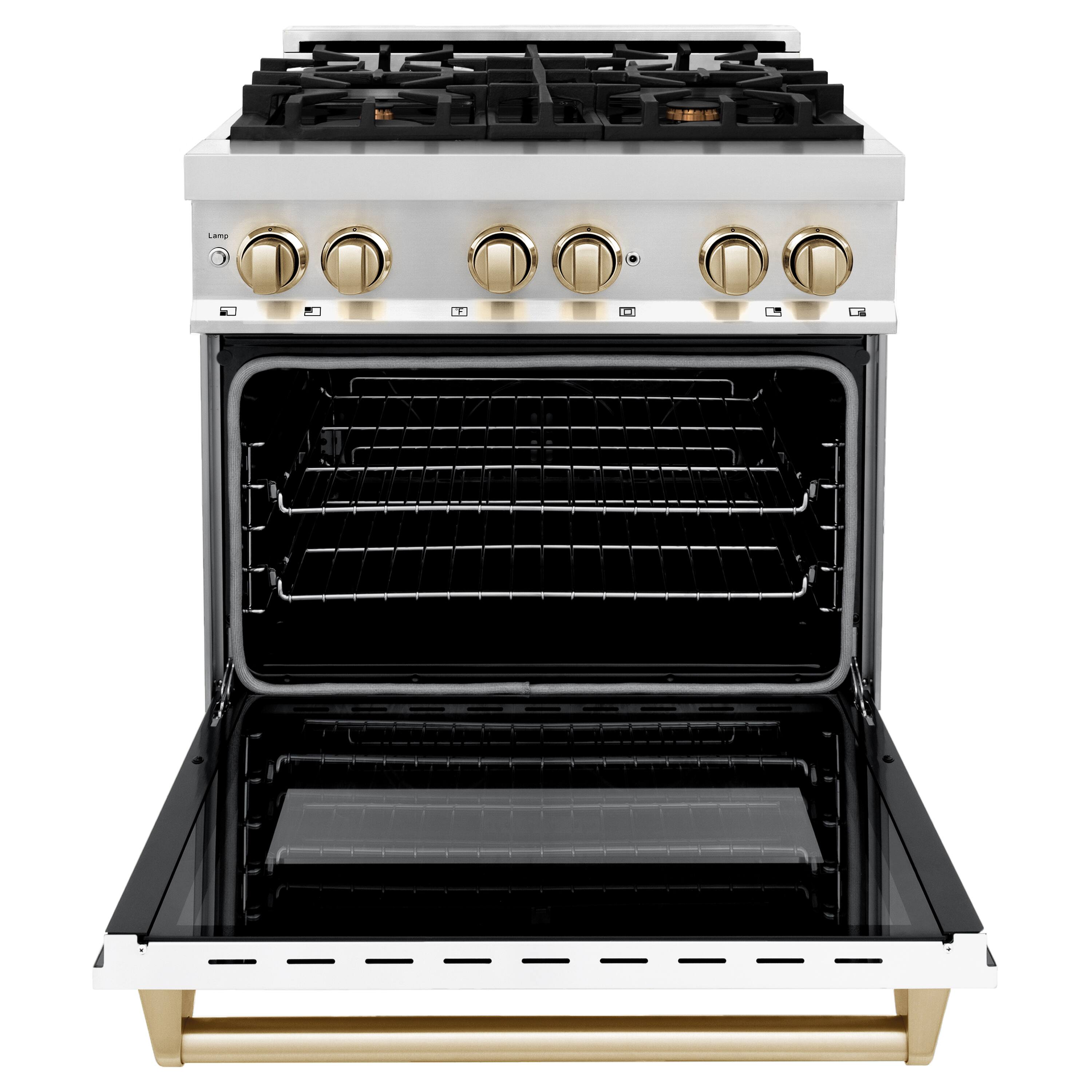 Angle. ZLINE - Autograph 30" Legacy Dual Fuel Range w/ 4 Burners & White & Gold Accents (RAZ-WM-30-G) - Stainless Steel/Matte White.