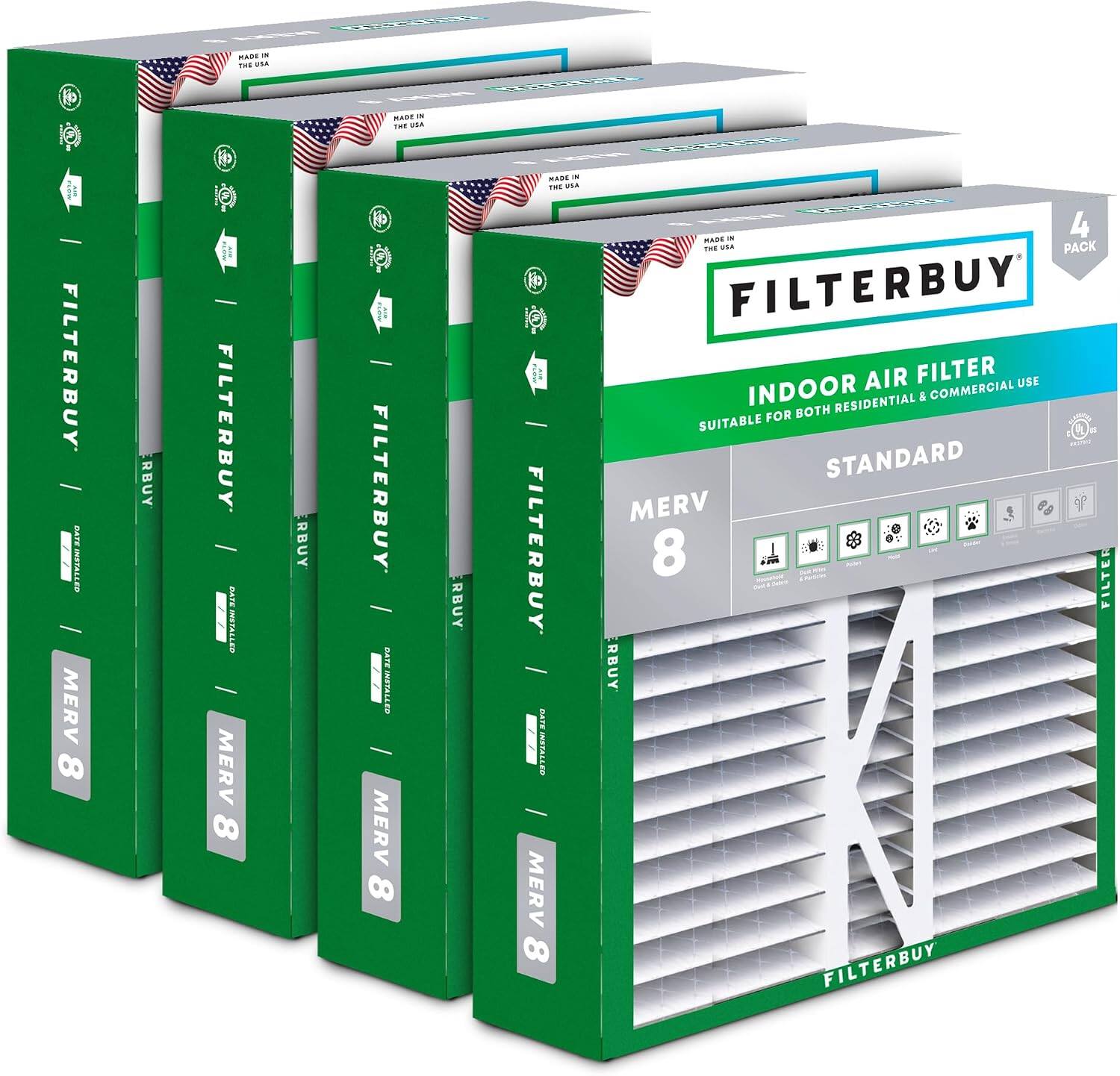 Filterbuy - 16x22x5 MERV 8 Dust & Allergy Defense, Pleated HVAC AC Furnace Air Filters Replacement for Amana & More (4-Pack) - Silver