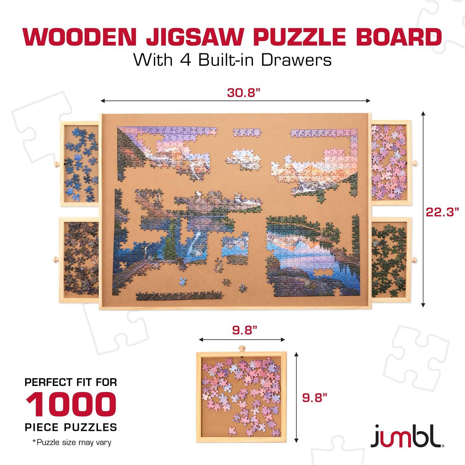 WOODEN JIGSAW PUZZLE BOARD  
With 4 Built-in Drawers  

30.8" x 22.3" x 9.8"  

PERFECT FIT FOR  
1000 PIECE PUZZLES  

*Puzzle size may vary  

jumbl.