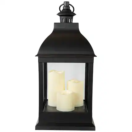 Front. Northlight - 20" Black Lantern with 3 Flameless LED Candles - Black.