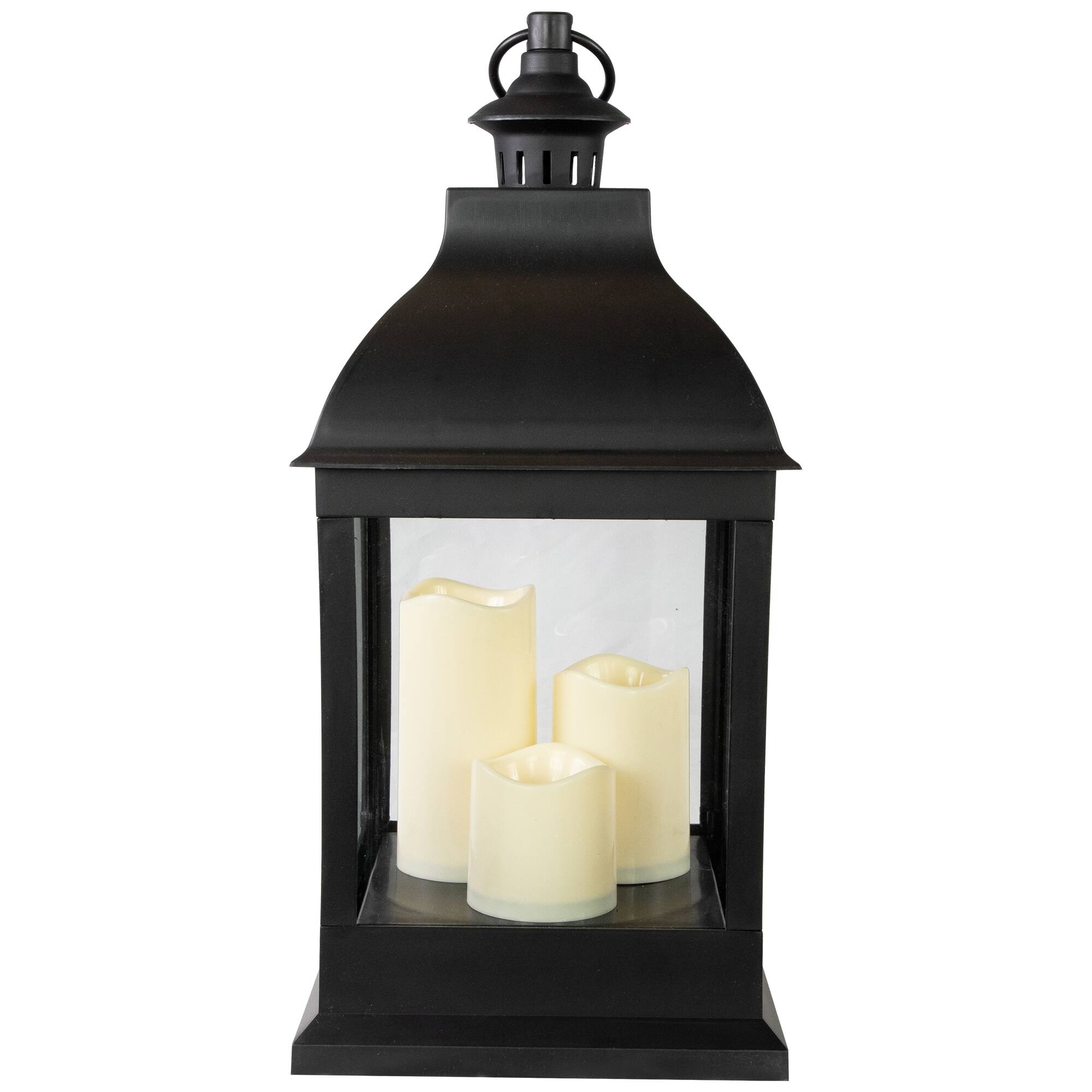 Front. Northlight - 20" Black Lantern with 3 Flameless LED Candles - Black.