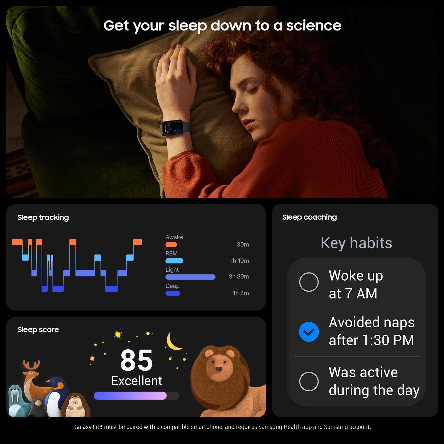 Get your sleep down to a science. Sleep tracking. Sleep coaching. Awake. REM. Light. Deep. 30m. 1h. 10m. 3h. 30m. 1h. 4m. Key habits. Woke up at 7 AM. Sleep score 85. Excellent. Avoided naps after 1:30 PM. Was active during the day. Galaxy Fit5 must be paired with a compatible smartphone, and requires Samsung Health app and Samsung account.