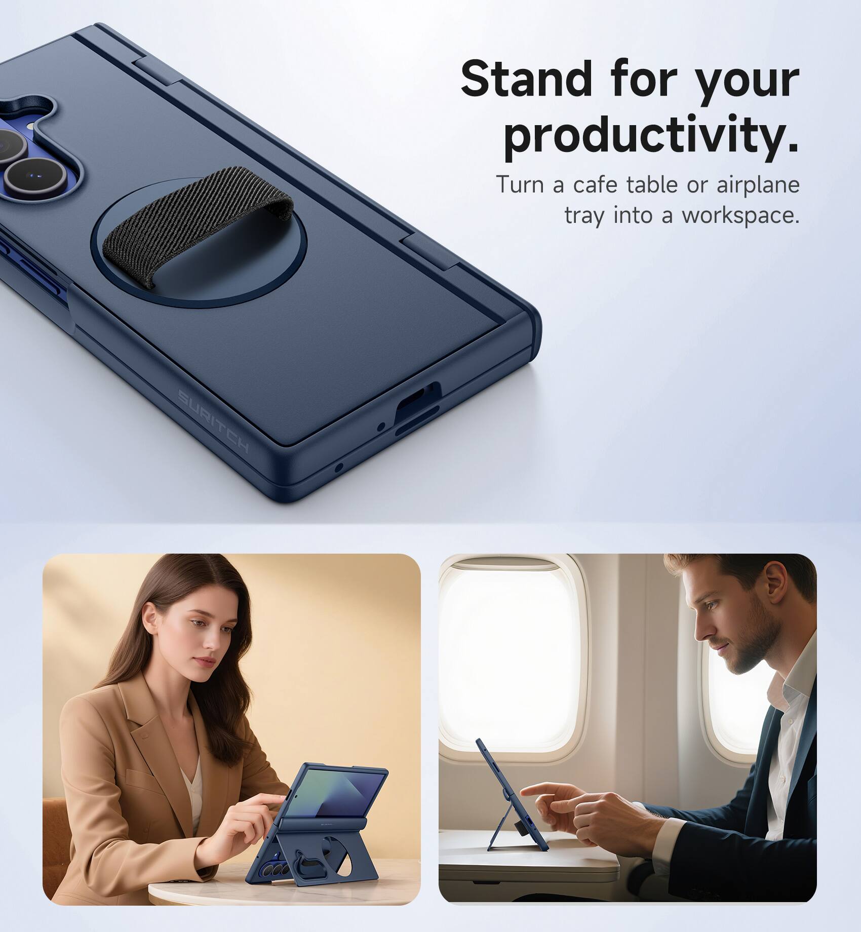 Stand for your productivity.  
Turn a cafe table or airplane tray into a workspace.  
SURITCH