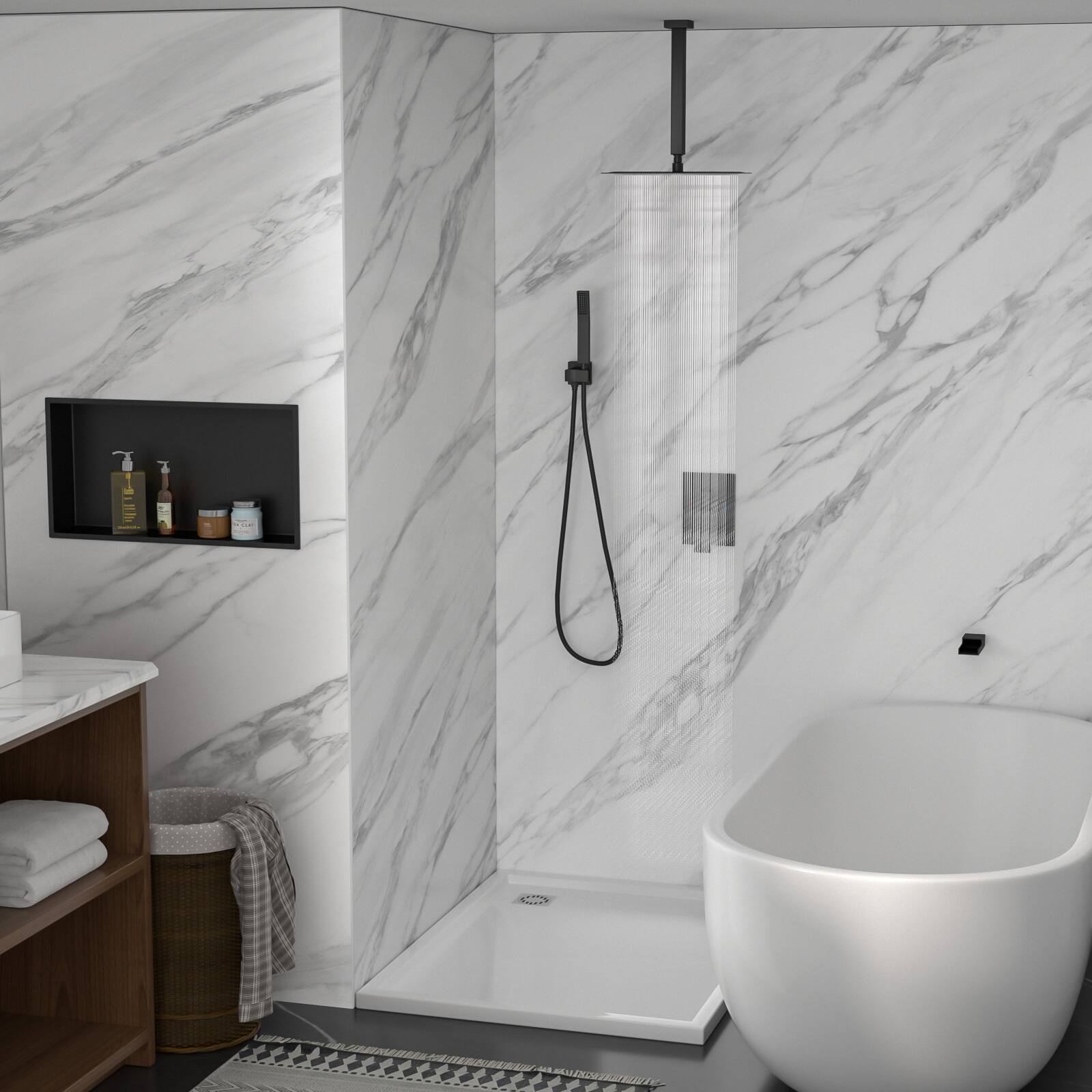 Angle. Lordear - Shower System with Waterfall Tub Spout,16 Inch Ceiling Mount Square Shower System with Rough-in Valve,Matte black - Matte black.