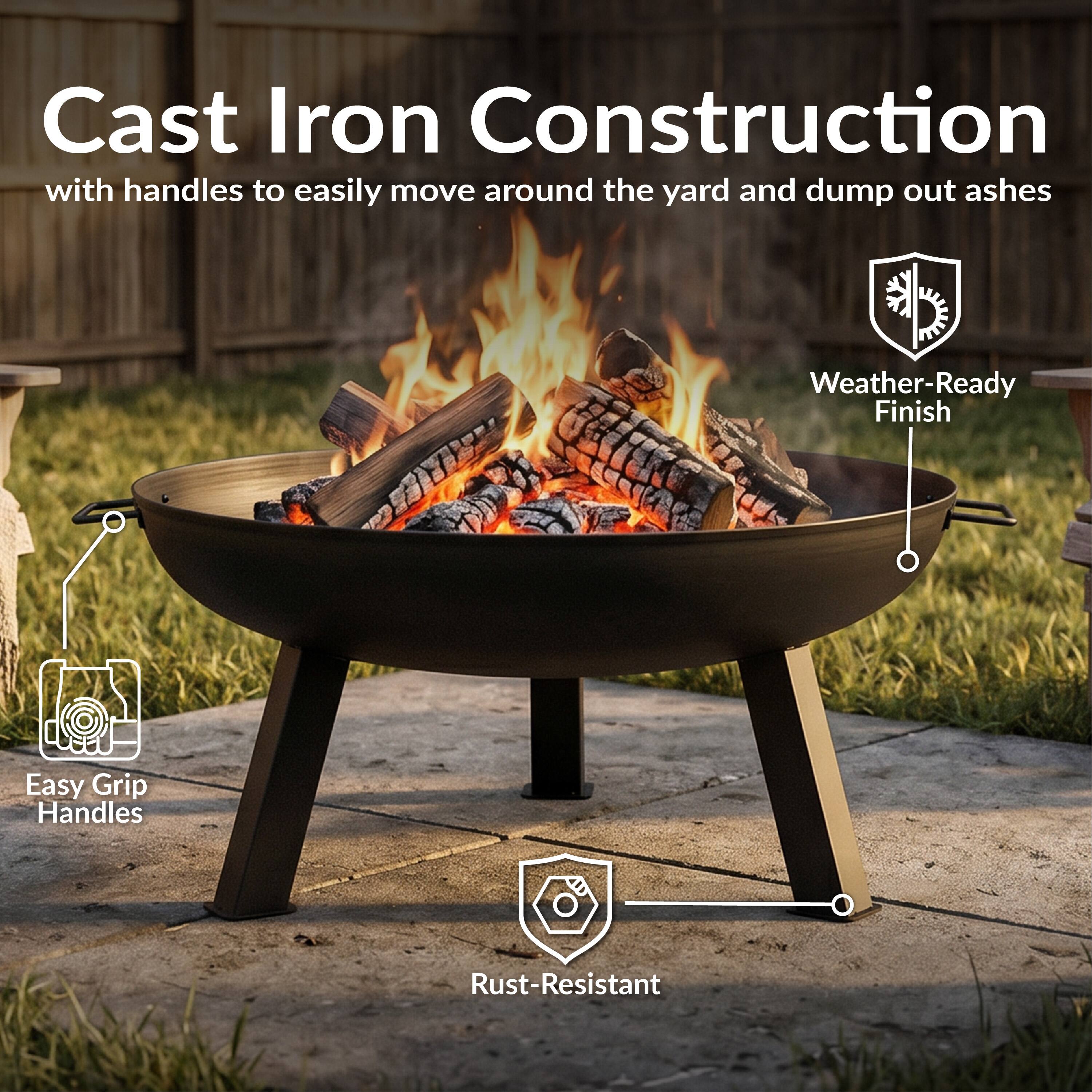 Cast Iron Construction with handles to easily move around the yard and dump out ashes  
Weather-Ready Finish  
Easy Grip Handles  
Rust-Resistant