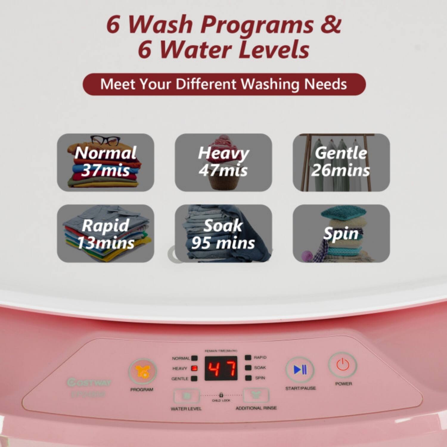 6 Wash Programs & 6 Water Levels  
Meet Your Different Washing Needs  

Normal 37 mins  
Heavy 47 mins  
Gentle 26 mins  
Rapid 13 mins  
Soak 95 mins  
Spin  

PROGRAM  
NORMAL  
HEAVY  
GENTLE  
Rapid  
SOAK  
SPIN  

WATER LEVEL  

START/PAUSE  
POWER  

ADDITIONAL RINSE