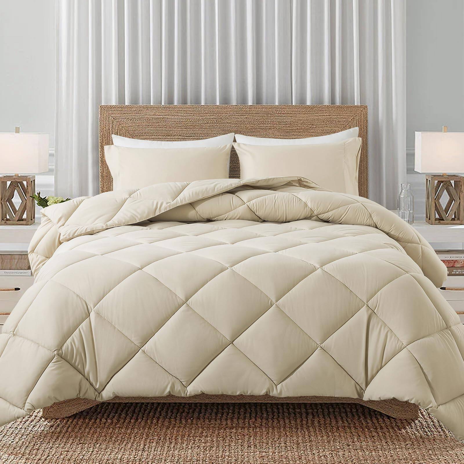 Front. NICHOLAS KLEIN - Lightweight Full Comforter Set With 2 Pillow Sham - Quilted Down Alternative Comforter duvet Insert For All... - Beige Queen.
