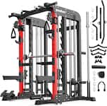 Pooboo - Multi-Function Smith Machine Power Cage, 2000BLS Squat Rack, Lat Pulldown System, Home Use Strength Training - Red