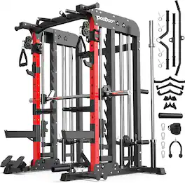 Pooboo - Multi-Function Power Cage, 2000BLS Squat Rack, Lat Pulldown System, Home Use Strength Training Smith Machine - Black