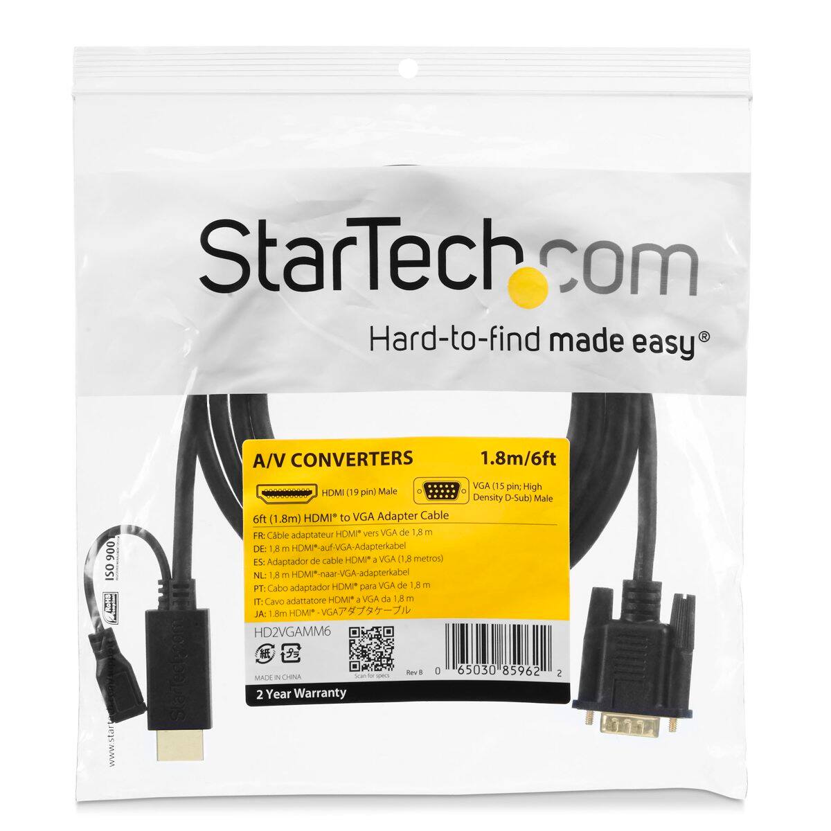 StarTech.com  
Hard-to-find made easy®

A/V CONVERTERS  
1.8m/6ft  
HDMI (19 pin) Male to VGA (15 pin; High Density D-Sub) Male Cable  
FR: Câble adaptateur HDMI* vers VGA de 1,8 m  
DE: 1,8 m HDMI*-auf-VGA-Adapterkabel  
ES: Adaptador de cable HDMI* a VGA 1,8 metros  
NL: 1,8 m HDMI*-naar-VGA-adapterkabel  
PT: Cabo adaptador HDMI* para VGA de 1.8 m  
IT: Cavo adattatore HDMI* VGA da 1,8 m  
JA: 1.8m HDMI* GA HD2VGAM6  

MADE IN CHINA  
2 Year Warranty  
Rev B  

0 65030 85962  
www