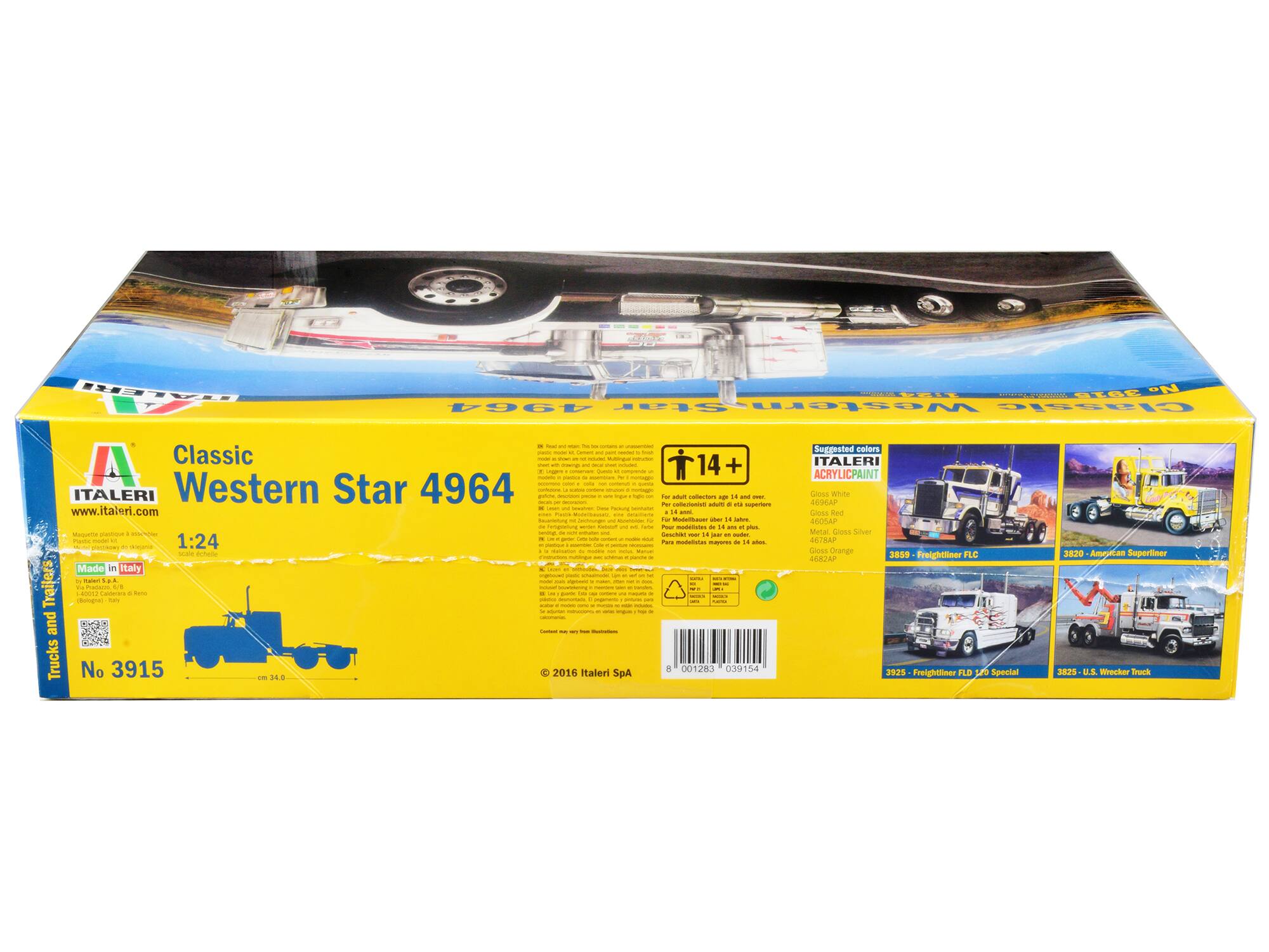 **Classic Western Star 4964**

**Scale:** 1:24

**No. 3915**

**Made in Italy**

**Suggested colors:**
- Gloss White
- Metal Silver
- Gloss Red
- Metal Gold

**Suggested colors ITALERI ACRYLIC PAINT:**
- White
- Silver
- Red
- Gold

**Recommended models:**
- 3859 - Freightliner FLC
- 3820 - American Superliner
- 3925 - Freightliner FLD 20 Special
- 3825 - U.S. Wrecker Truck

**For adult collectors aged 14 and over**

**Contents may vary from those shown**

**© 2016 Italeri SpA**

**www.italeri.com**

**Trucks and Trailers**

**ITALERI**