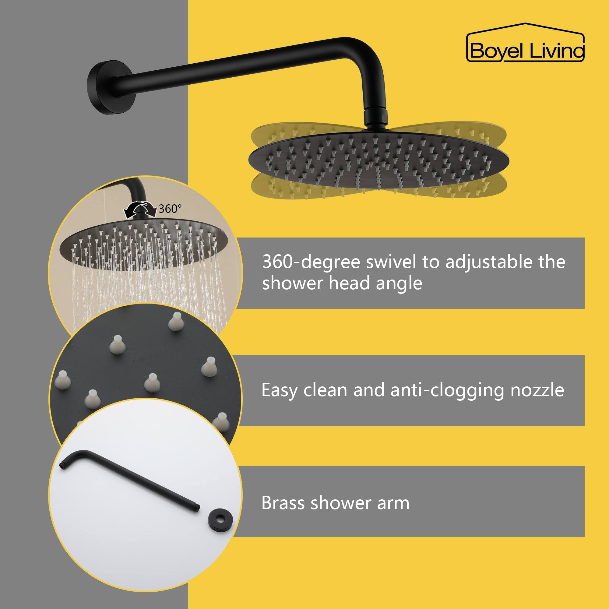 Boyel Living 360-degree swivel to adjustable the shower head angle, Easy clean and anti-clogging nozzle, Brass shower arm