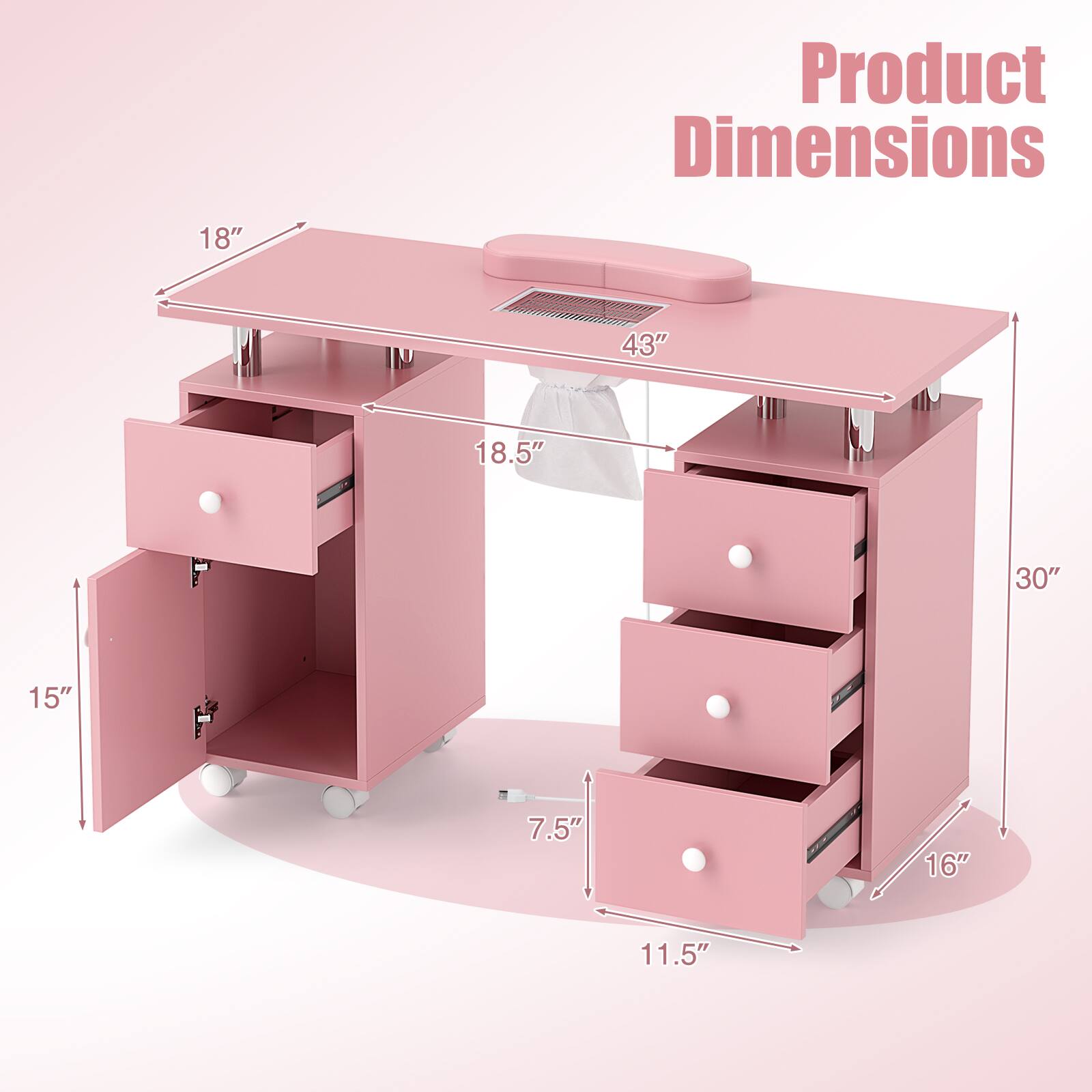 Product Dimensions:  
- Length: 43"  
- Width: 18"  
- Height: 30"  
- Depth: 18.5"  
- Drawer Height: 7.5"  
- Drawer Width: 11.5"  
- Shelf Depth: 15"  
- Shelf Height: 16"