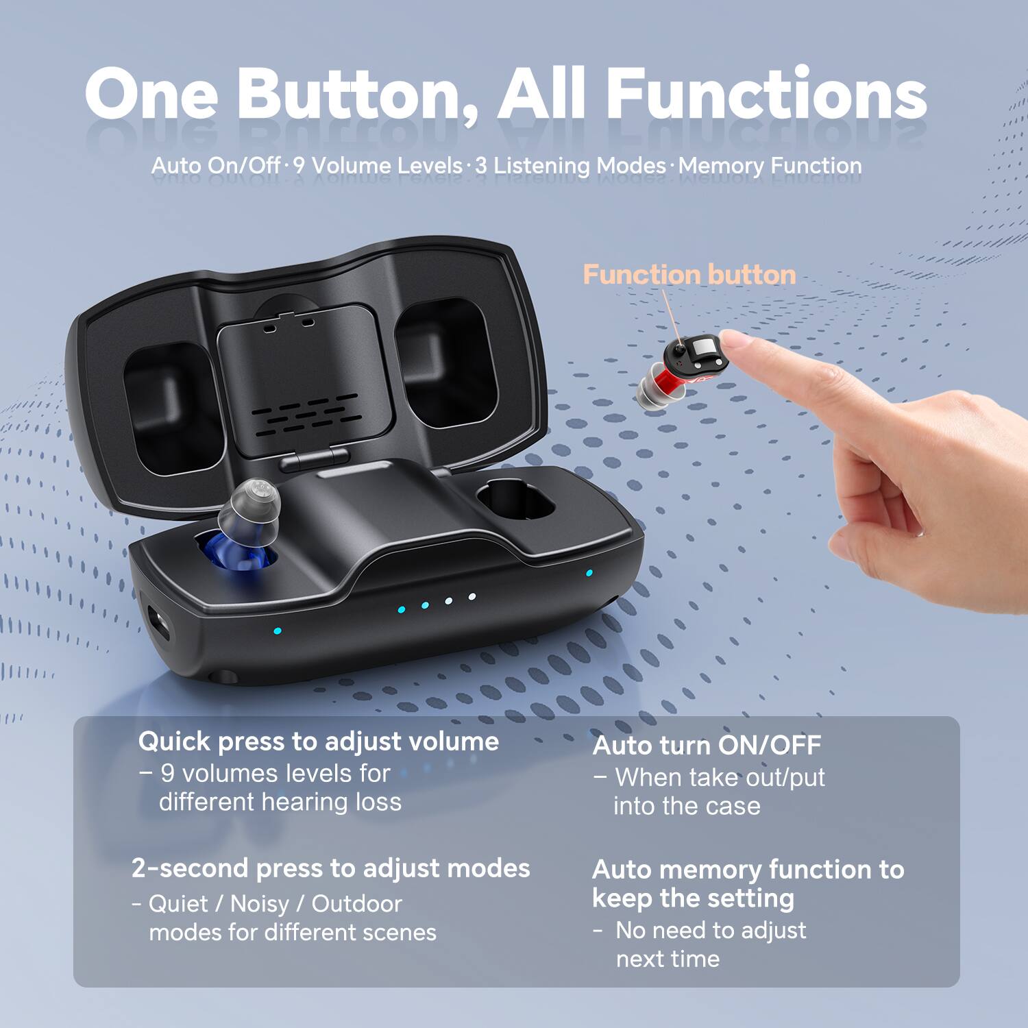 One Button, All Functions

Auto On/Off • 9 Volume Levels • 3 Listening Modes • Memory Function

Function button

Quick press to adjust volume
- 9 volumes levels for different hearing loss

2-second press to adjust modes
- Quiet / Noisy / Outdoor modes for different scenes

Auto turn ON/OFF
- When take out/put into the case

Auto memory function to keep the setting
- No need to adjust next time