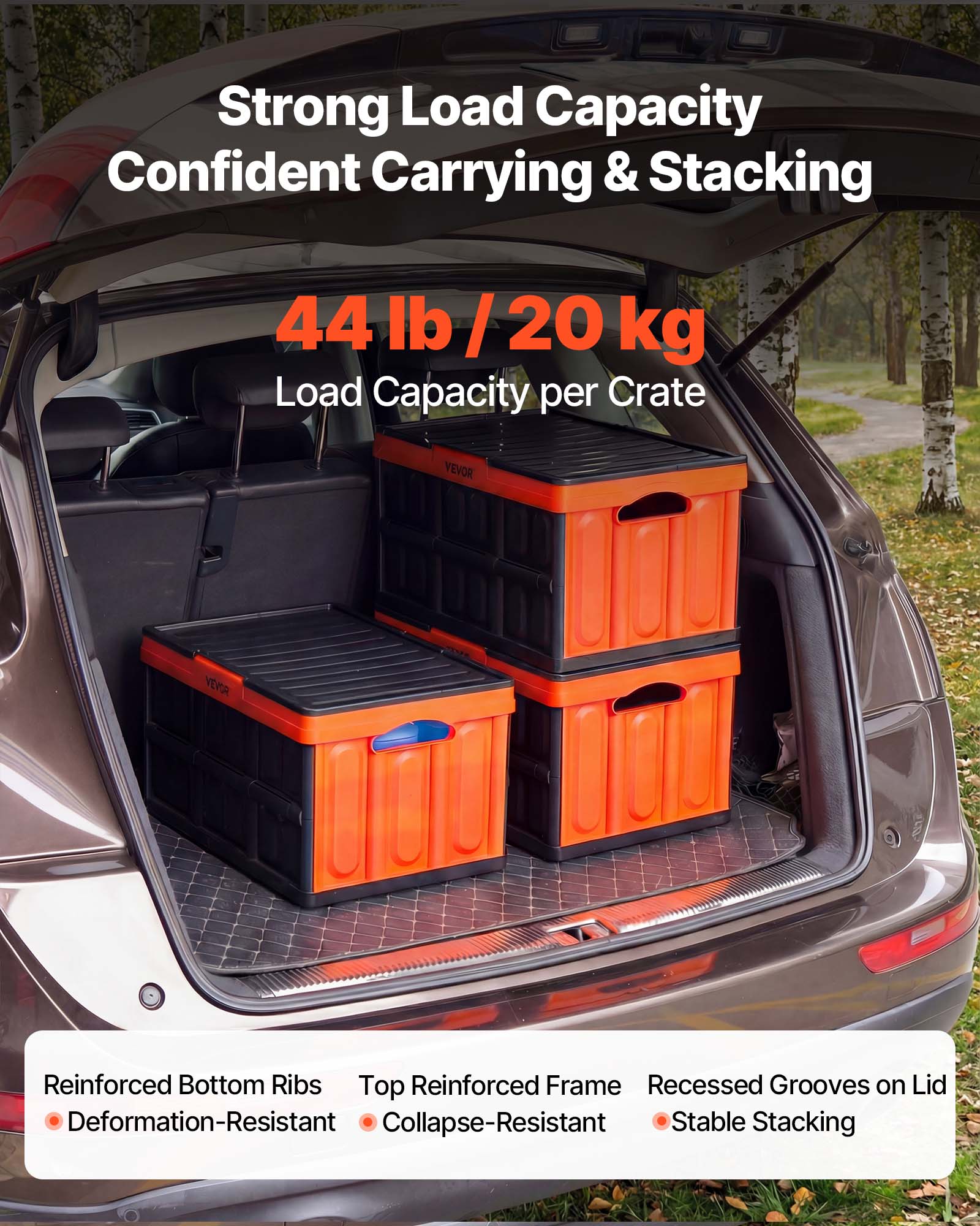 Strong Load Capacity  
Confident Carrying & Stacking  

44 lb / 20 kg  
Load Capacity per Crate  

Reinforced Bottom Ribs  
- Deformation-Resistant  

Top Reinforced Frame  
- Collapse-Resistant  

Recessed Grooves on Lid  
- Stable Stacking