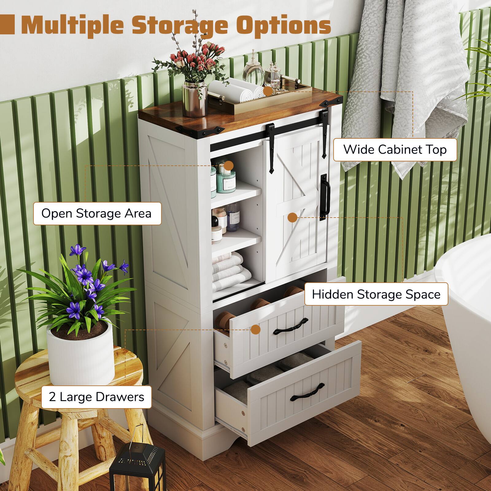 Multiple Storage Options

- Wide Cabinet Top
- Open Storage Area
- Hidden Storage Space
- 2 Large Drawers