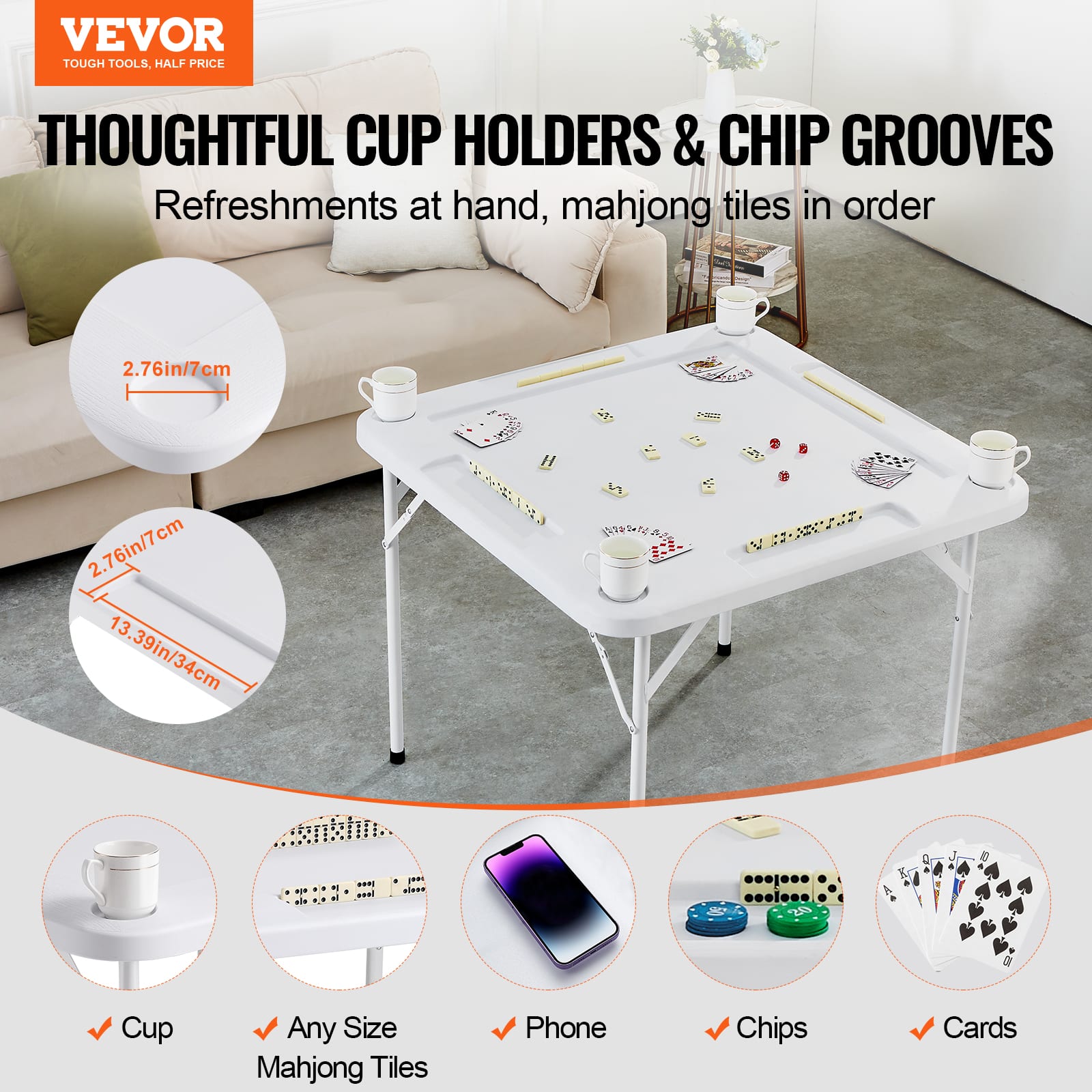 VEVOR Mahjong Table, Square 4 Player Folding Card Table with 4 Cup