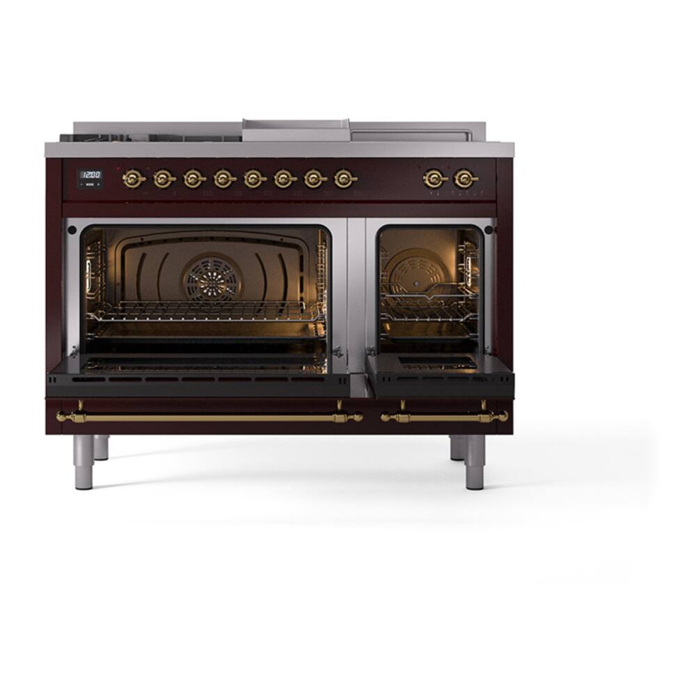 Alt View 4. ILVE - ILVE Nostalgie II Series 48 in. Dual Fuel Range with 5 Sealed Burners + Griddle (Natural Gas, Brass Trim) - Burgundy.