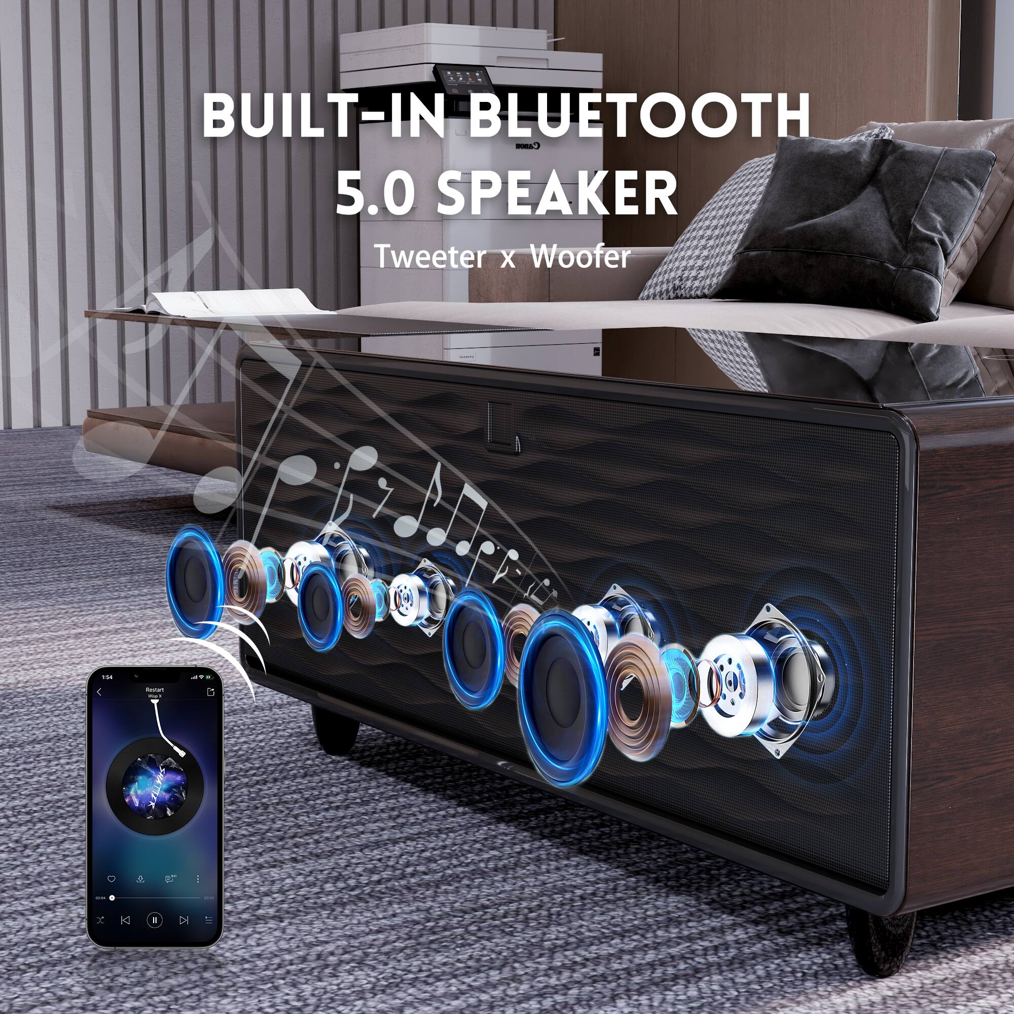 Built-in Bluetooth 5.0 Speaker - Tweeter x Woofer.