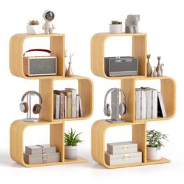 Costway - 2 PCS 2-Tier S-Shaped Bookcase with 2 Open Cubes Geometric Corner Display Shelf - Natural