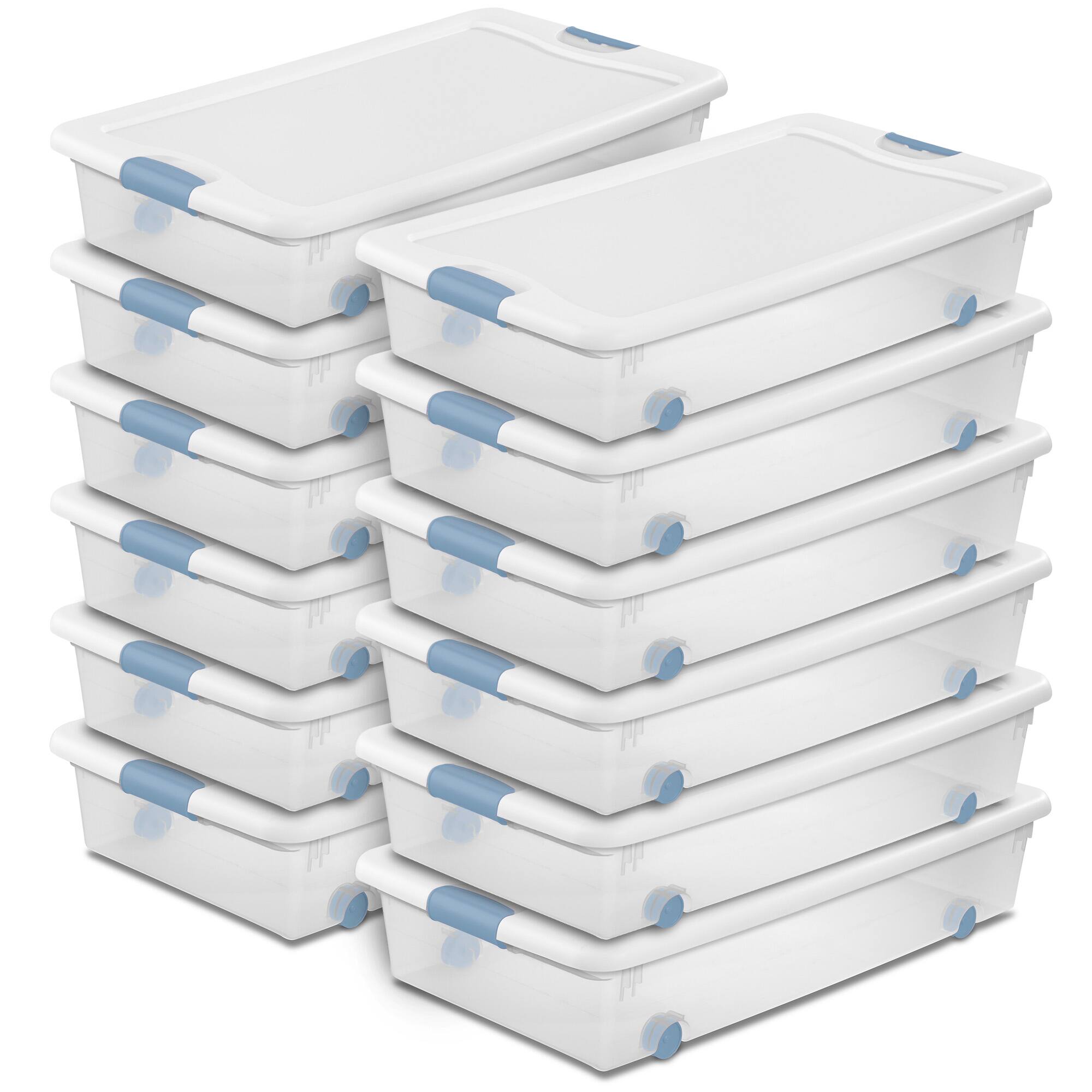 Front. Sterilite - Sterilite 56 Quart Latching Stackable Wheeled Storage Container w/ Lid (12 Pack) - Clear/blue.