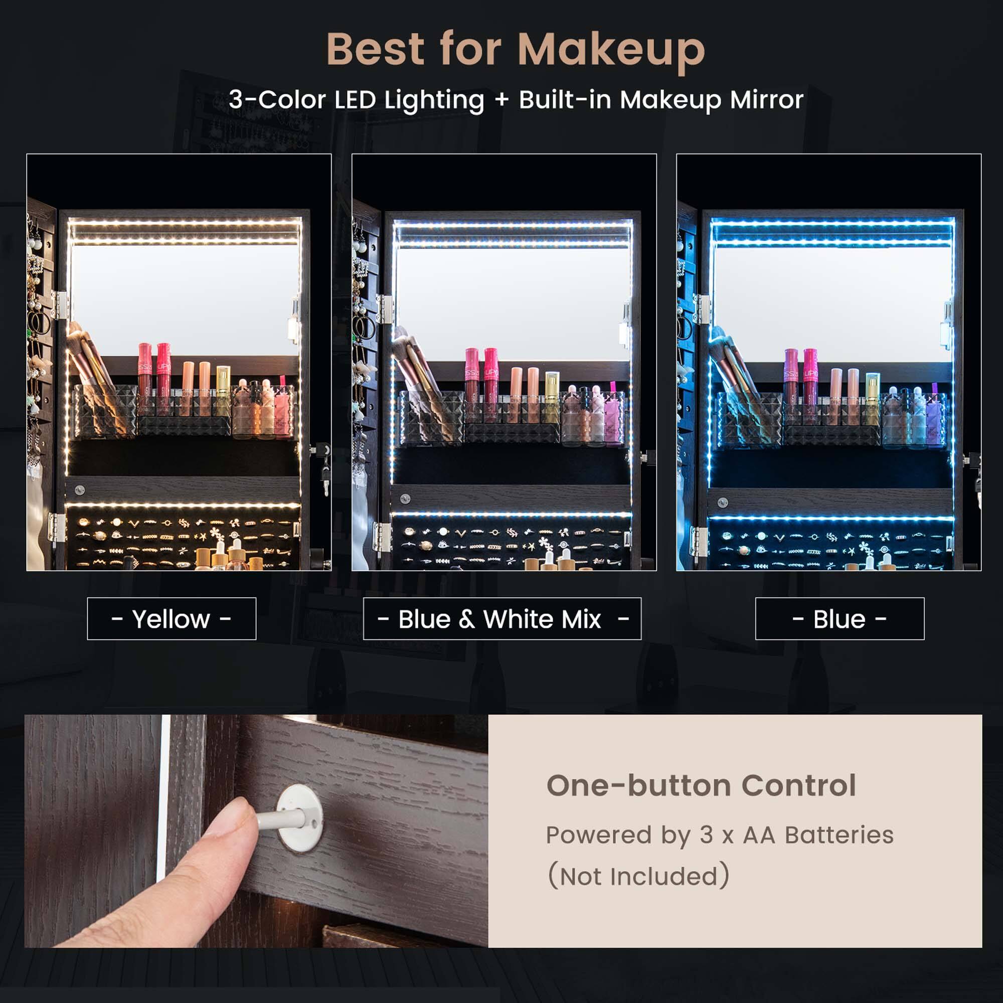 Best for Makeup: 3-Color LED Lighting + Built-in Makeup Mirror - Yellow - Blue & White Mix - Blue - One-button Control Powered by 3 X AA Batteries (Not Included)