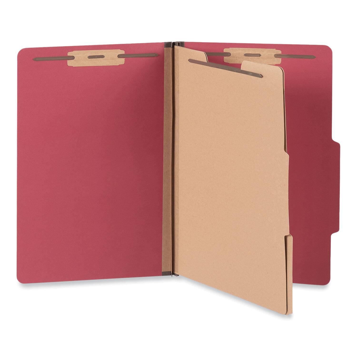 Angle. Universal - Bright Colored Pressboard Classification Folders, 2" Expansion, 2 Dividers, 6 Fasteners, Legal Size, Ruby Red, 10/Box.