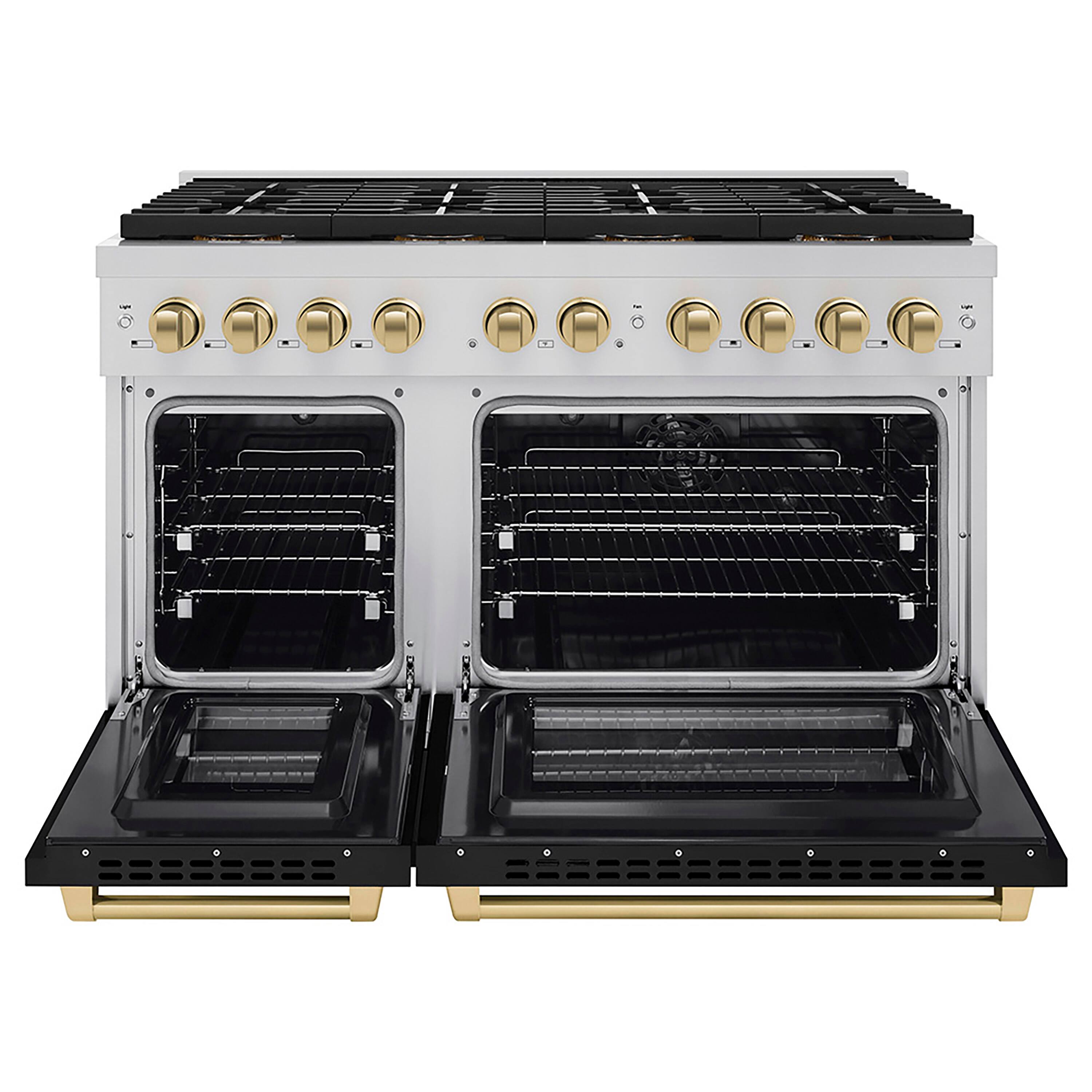 Angle. ZLINE - ZLINE Autograph 48 in. Paramount Dual Fuel Range w/ DuoPro Cooktop & Black Doors w/ Bronze Accents (PSDRZ-BLM-48-CB) - Stainless Steel with Black Matte Door.
