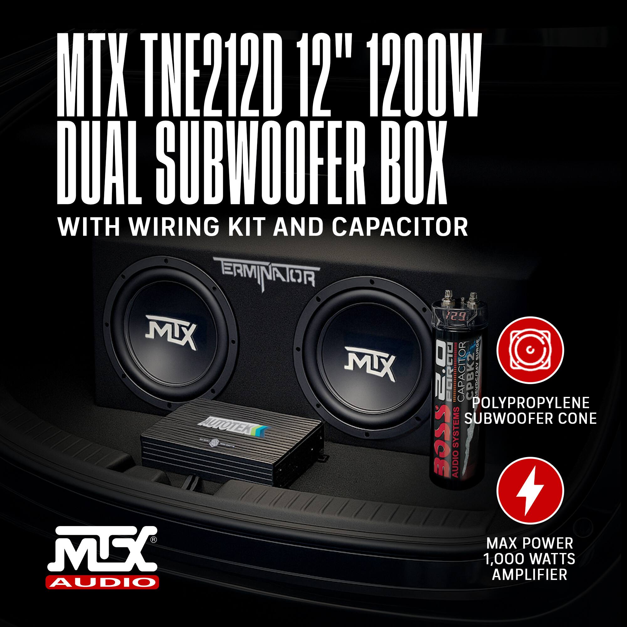 MTX TNE212D 12" 1200W DUAL SUBWOOFER BOX WITH WIRING KIT AND CAPACITOR

TERMINATOR 729 MX MX 2.0 PARCIO | CAPACITOR CPBK2 | TOSL POLYPROPYLENE SUBWOOFER CONE

BOSS AUDIO SYSTEMS MFC MAX POWER 1,000 WATTS AMPLIFIER

MTX AUDIO