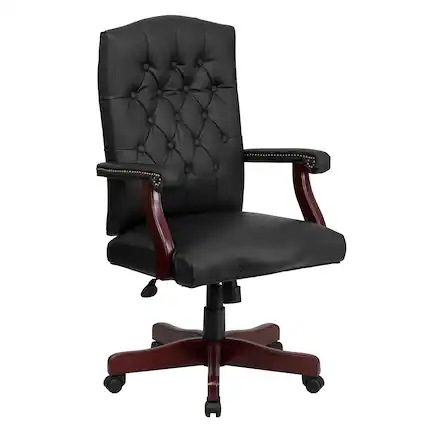 Front. Emma + Oliver - Martha Washington Executive Swivel Office Chair with Arms - Black LeatherSoft/Mahogany Frame.