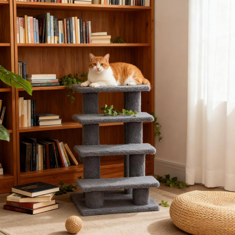 Front. Siljoy - 4‑Step Cat Stairs with 8 Scratching Posts, Plush Berber Carpeted Ramp for Senior/Small Pets, Portable Pet Steps.