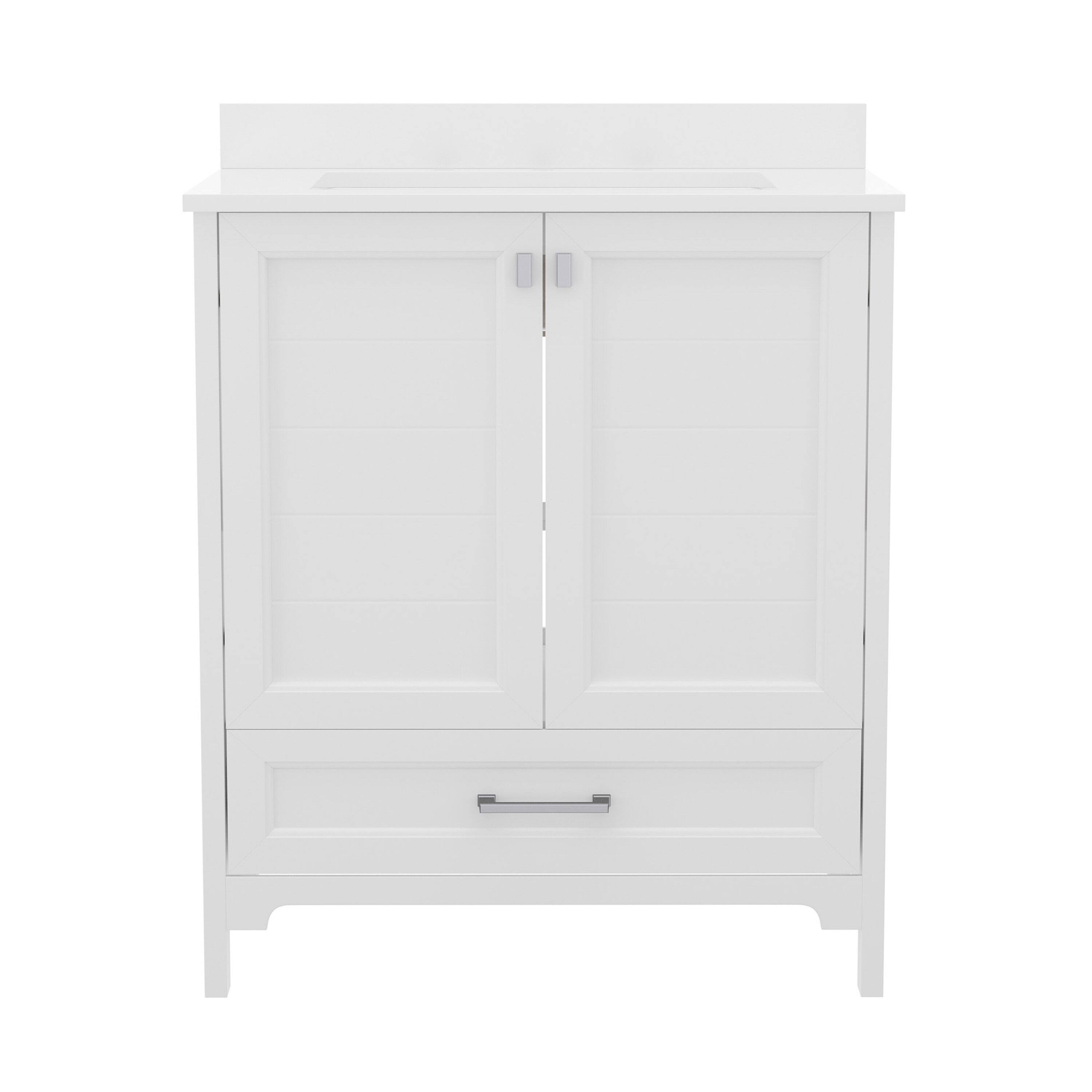 Angle. Flash Furniture - Haven 30 Inch Bathroom Vanity with Sink, Storage Cabinet with Soft Close Doors and Bottom Drawer, Carrara Marble Finish - White.