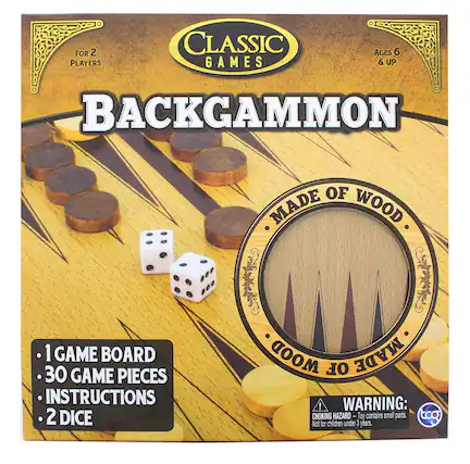 FOR 2 CLASSIC AGES 6 PLAYERS GAMES & UP BACKGAMMON OF MADE WOOD 1 GAME BOARD 30 GAME PIECES INSTRUCTIONS 2 DICE
WARNING: CHOKING HAZARD - Toy contains small parts. Not for children under 3 years.