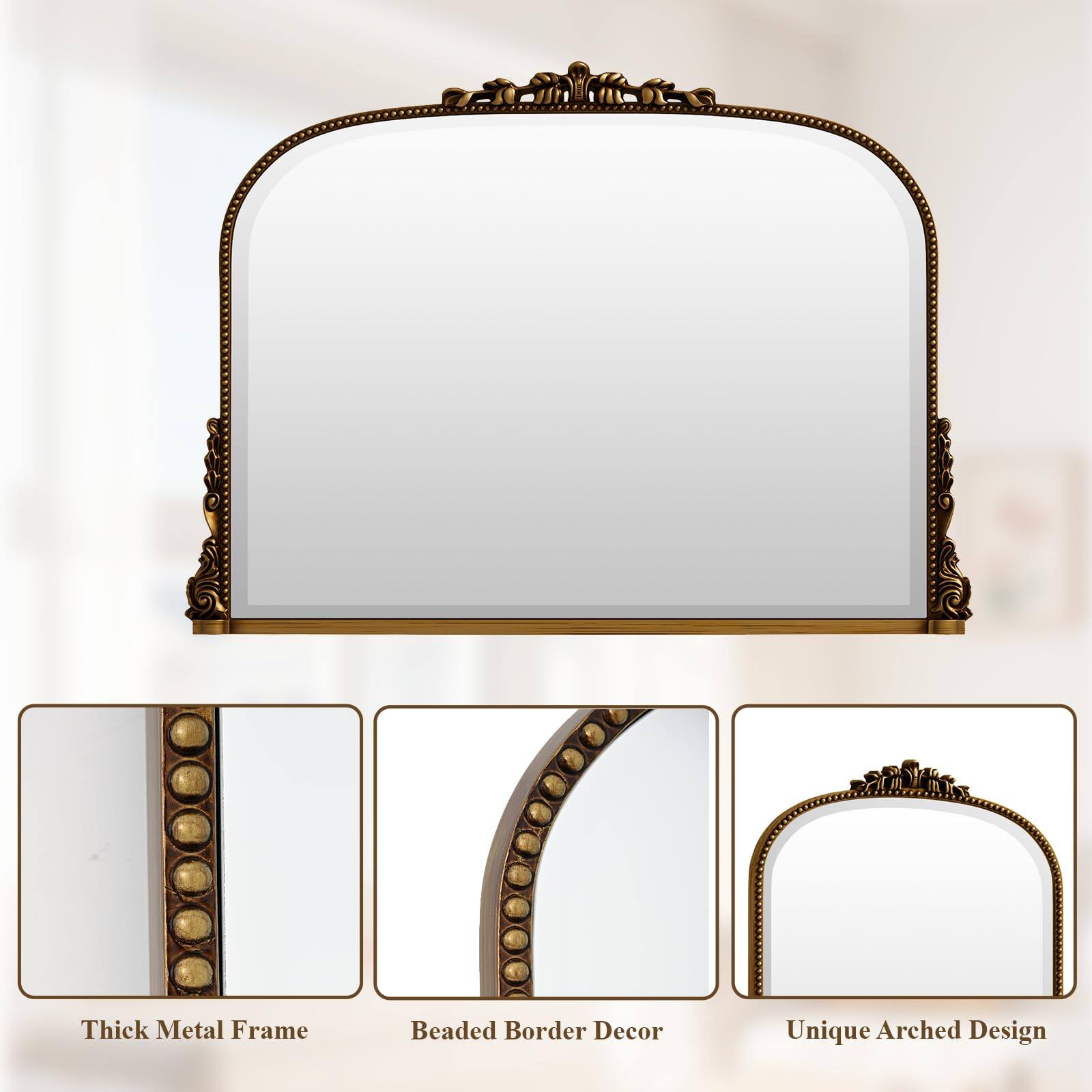 Thick Metal Frame  
Beaded Border Decor  
Unique Arched Design