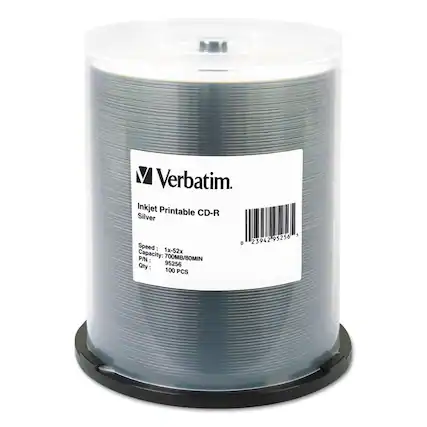 Verbatim
Inkjet Printable CD-R
Silver
Speed: 1x-52x
Capacity: 700MB/80MIN
P/N: 95256
Qty: 100 PCS
Barcode: 0 23942 95256 5