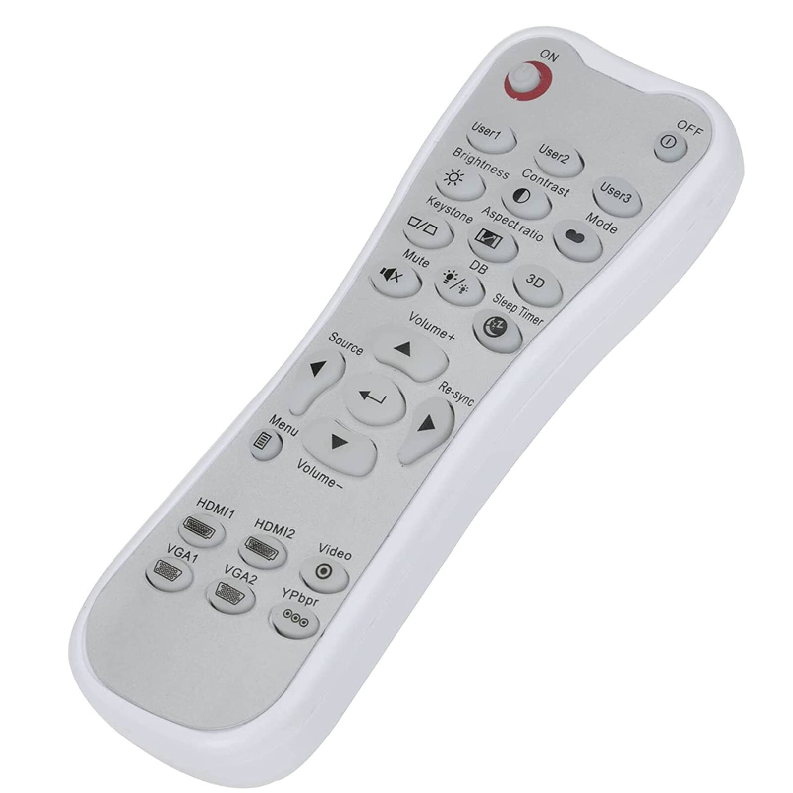 ON  
Source Menu Volume-  
HDMI1 HDMI2 VGA1 Video VGA2 YPbpr  
User1 Brightness User2 Contrast User3 Keystone Aspect Mode ratio  
Mute DB 3D Sleep Volume+ Timer Re-sync  
OFF