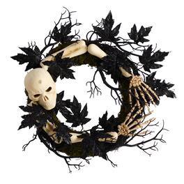 BreeBe - 24" Halloween Skull and Bones Wreath - White, Black