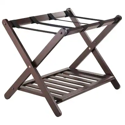 Front. FurniFact - Solid Wood Luggage Rack for Guest Room with Lower Shelf in Cappuccino Finish - Cappuccino.