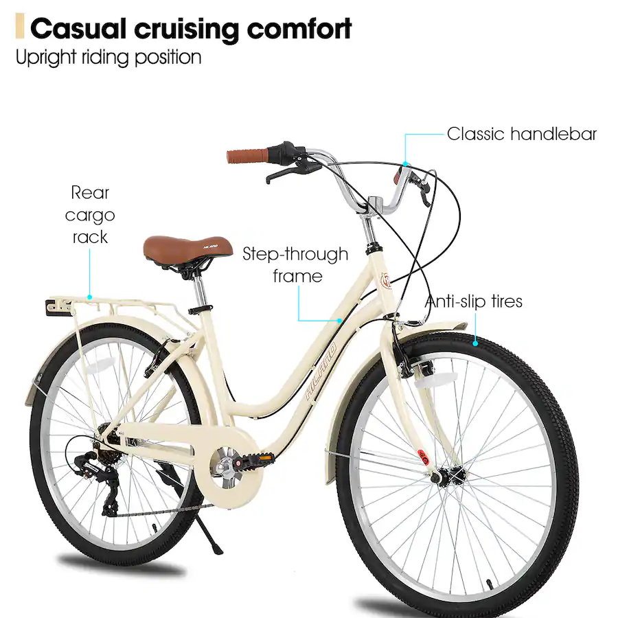 HILAND 26 Inch Beach Cruiser Bike for Men and Women, 7 Speed Step ...