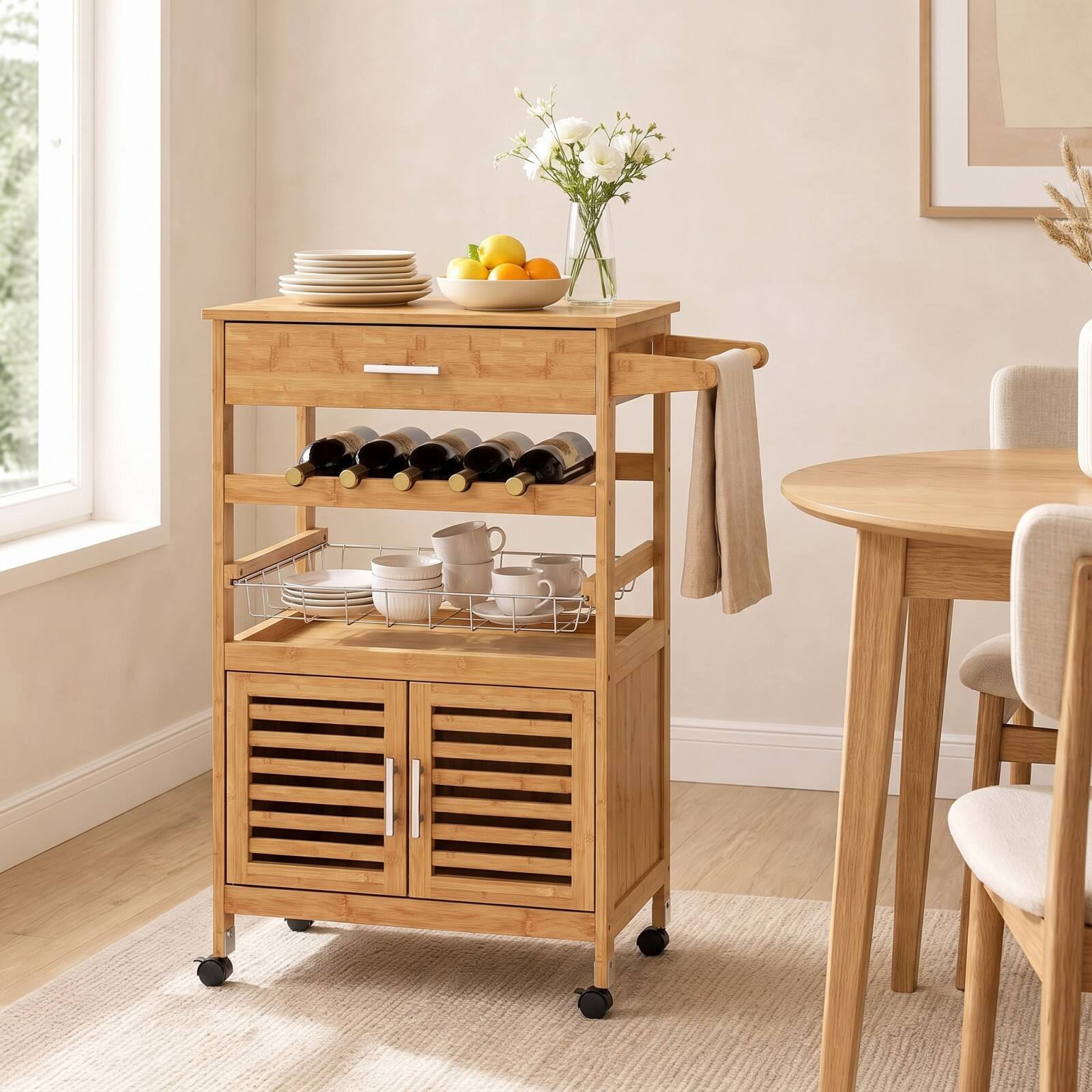 Alt View 3. Costway - Costway Bamboo Rolling Kitchen Island Trolley with Storage Cabinet, Wine Rack, Towel Rack - Natural.