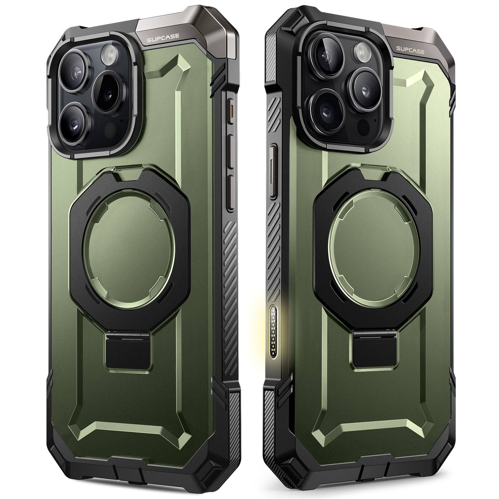 The image shows two views of a green and black rugged phone case with the brand name "SUPCASE" printed on the top. The case features a circular cutout in the center and a camera cutout at the top.
