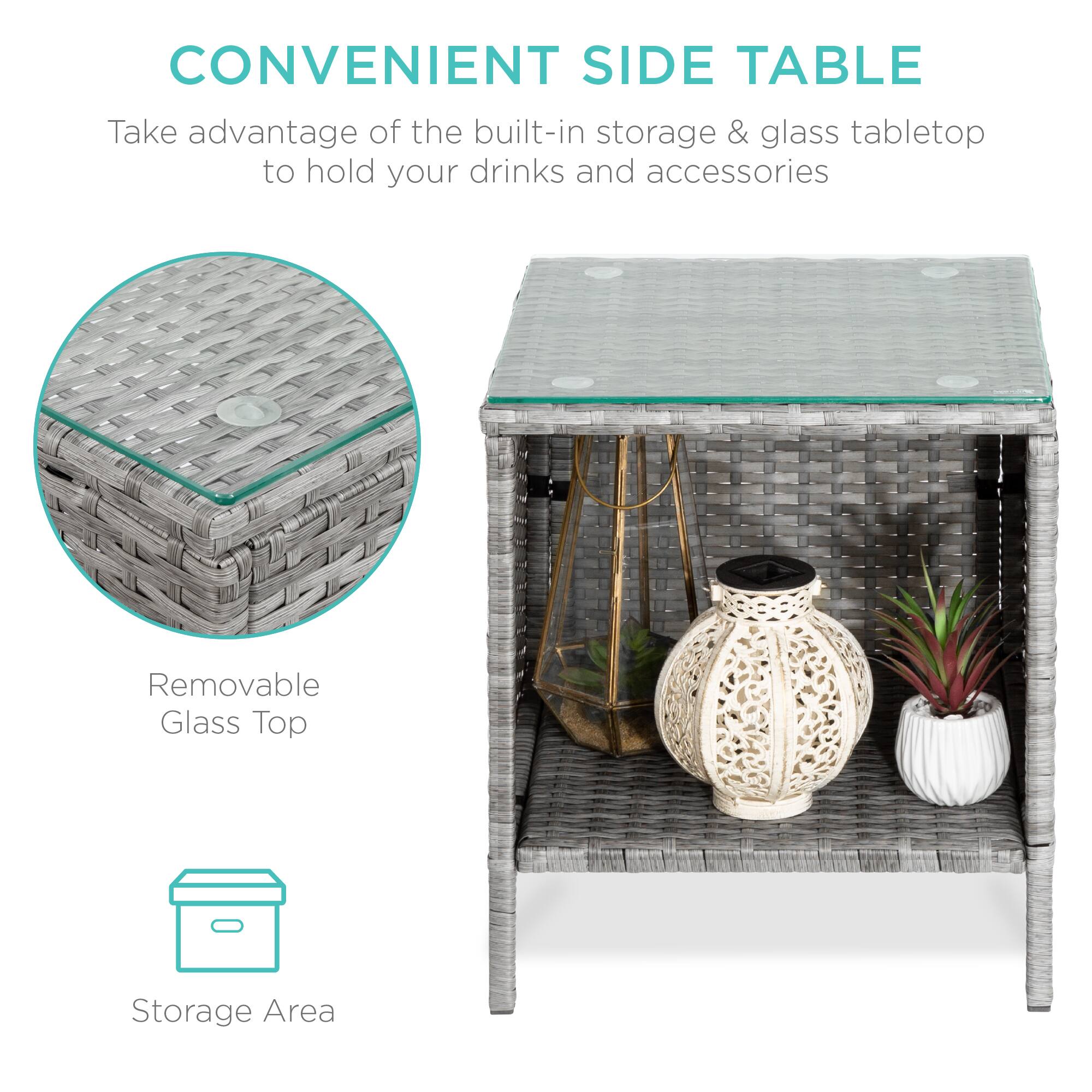 CONVENIENT SIDE TABLE

Take advantage of the built-in storage & glass tabletop to hold your drinks and accessories

Removable Glass Top

Storage Area